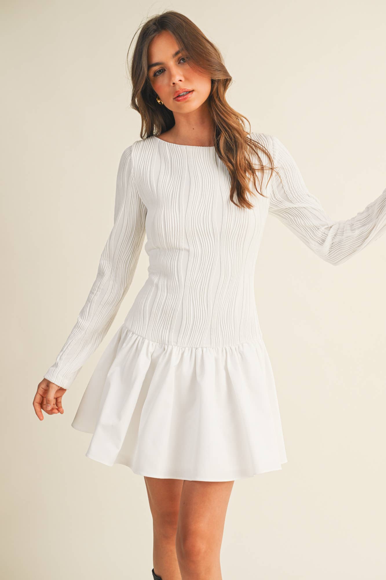 BOAT NECK LONG SLEEVE FLARE DRESS