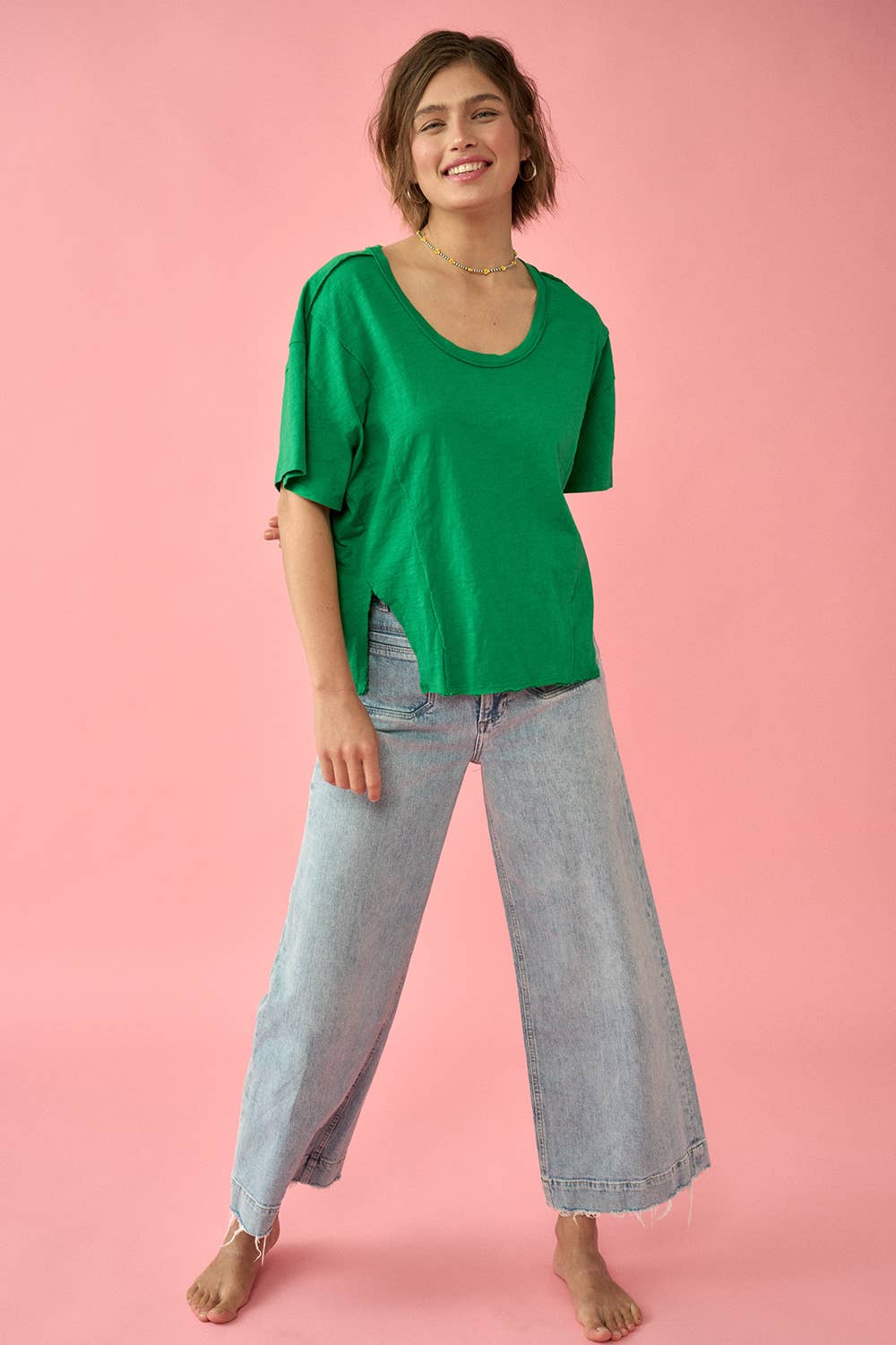 Easy Fit Mineral-Wash Exposed Seam Slub Knit Tee - Kelly Green
