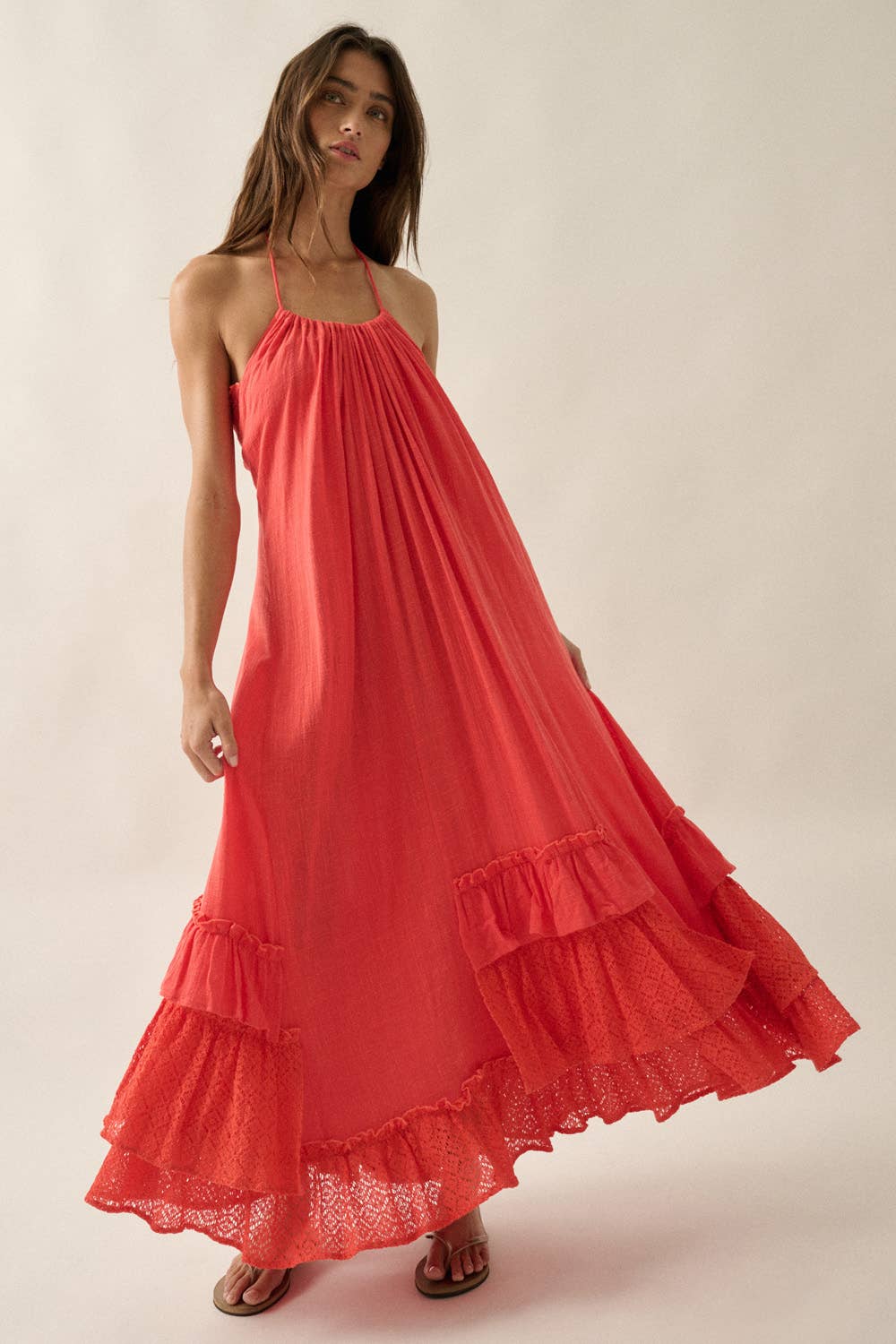 Cotton Gauze and Lace Ruffled Loose-Fit Halter Maxi Dress