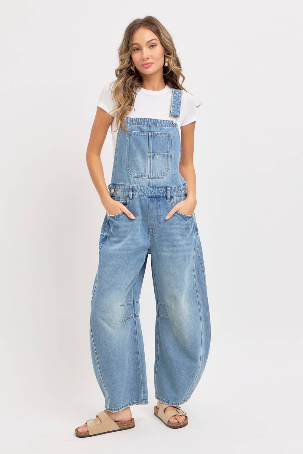 DENIM OVERALL BARREL-LEG JUMPSUIT