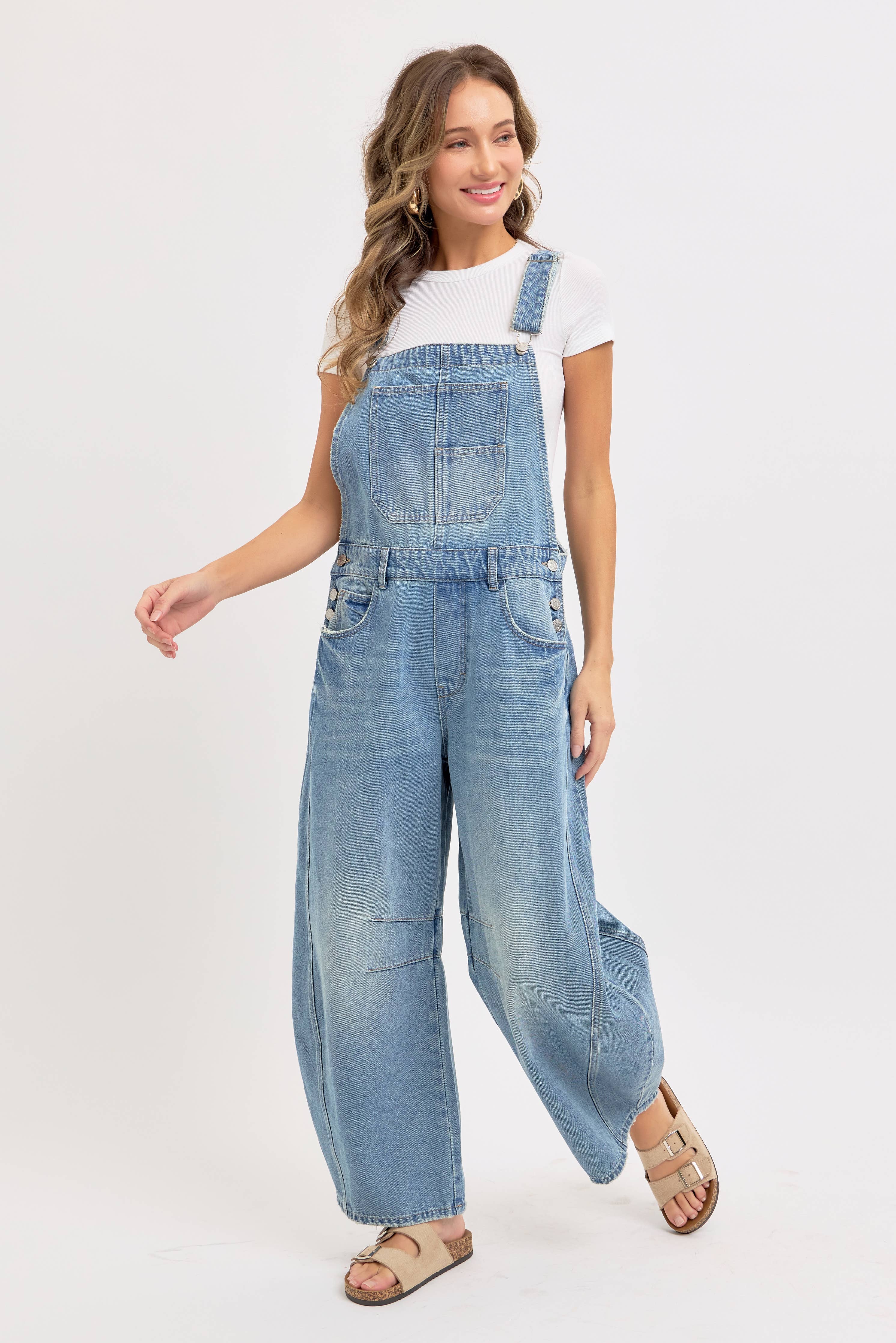 DENIM OVERALL BARREL-LEG JUMPSUIT