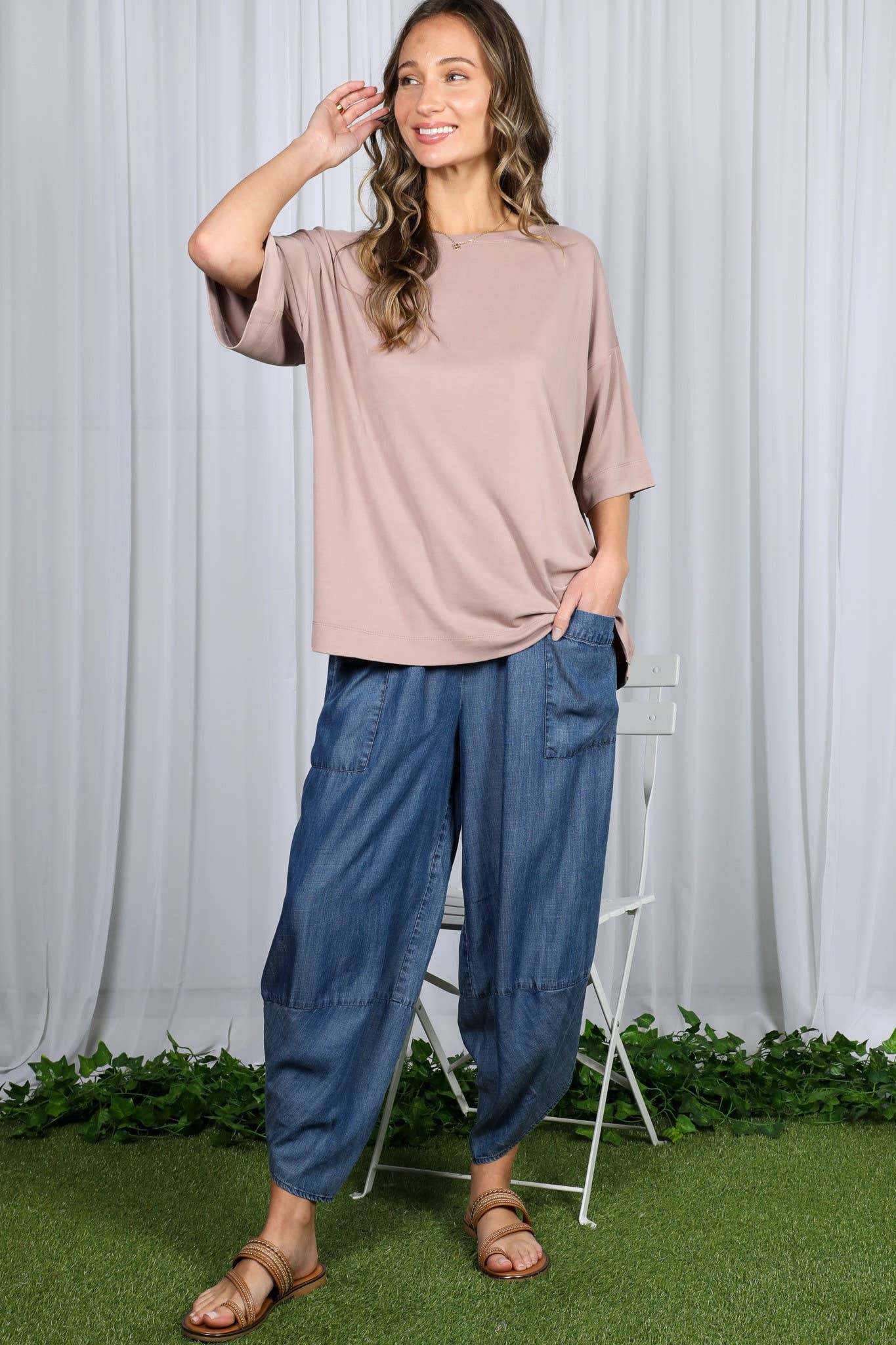 Casual Chambray 100% Tencel Barrel Denim Pants VP82933A