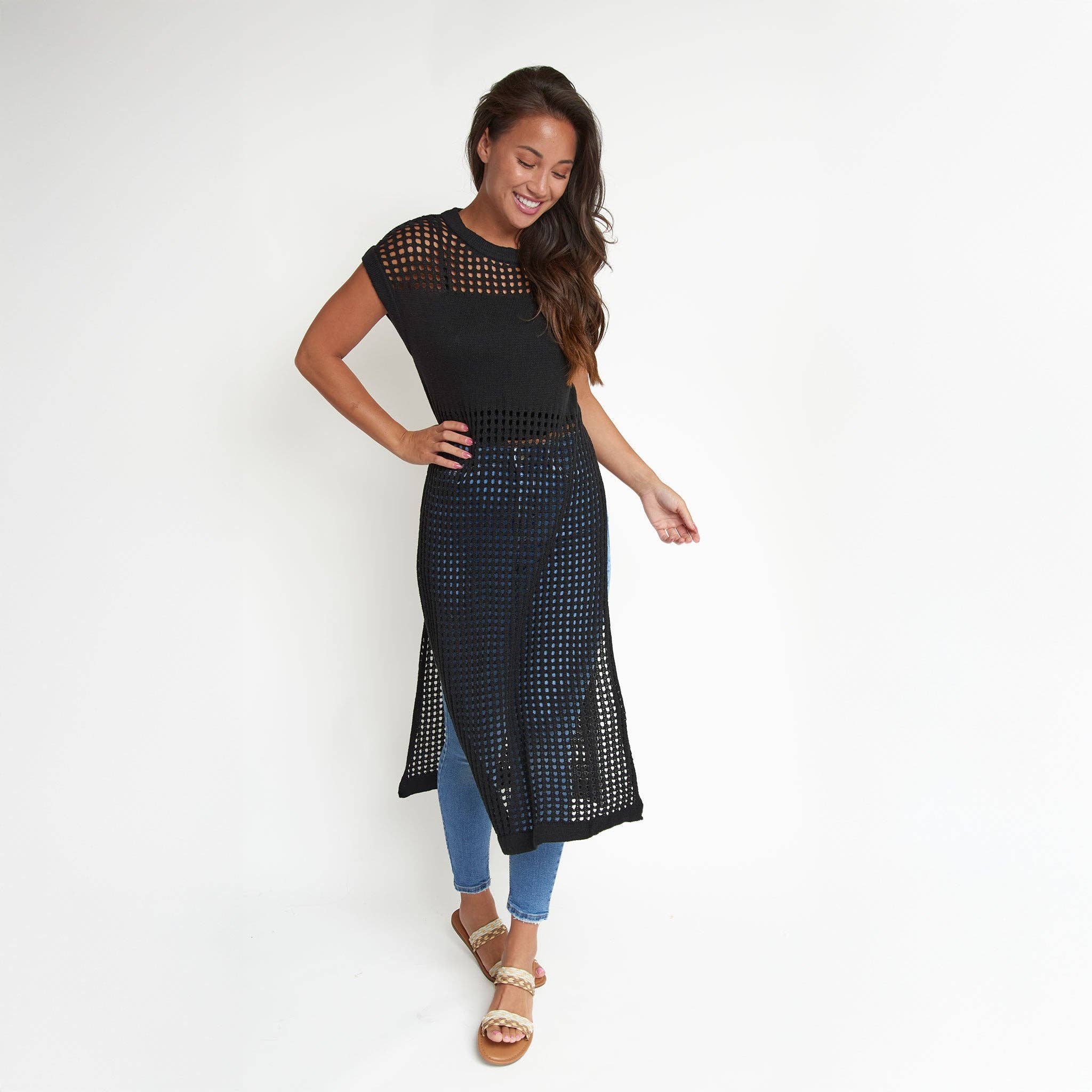 Azalea Sleeveless Longline Crochet Sweater - Jet