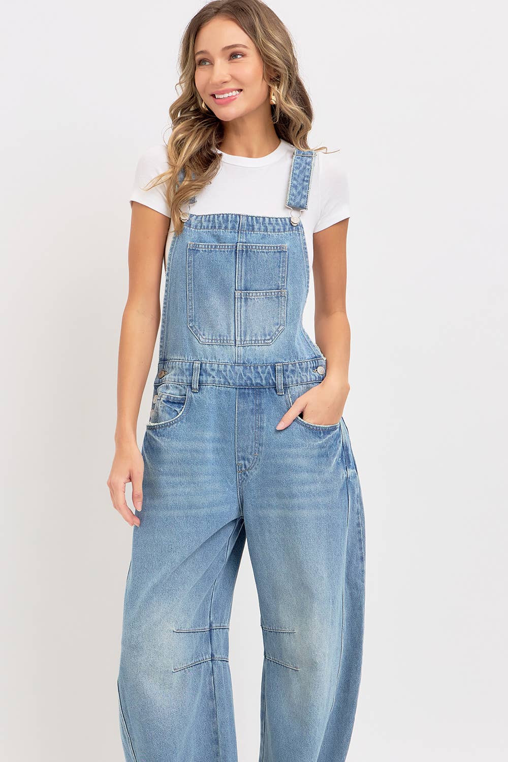 DENIM OVERALL BARREL-LEG JUMPSUIT