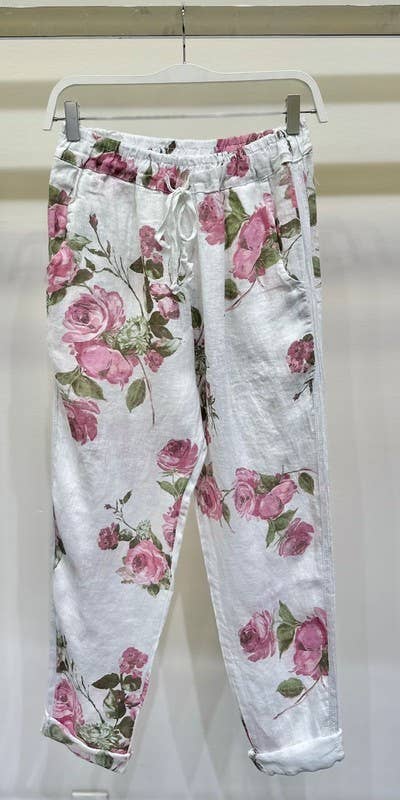 ROSE FLORAL PRINT SEQUINS SIDE STRIPE PANTS (16-08-ROSE)