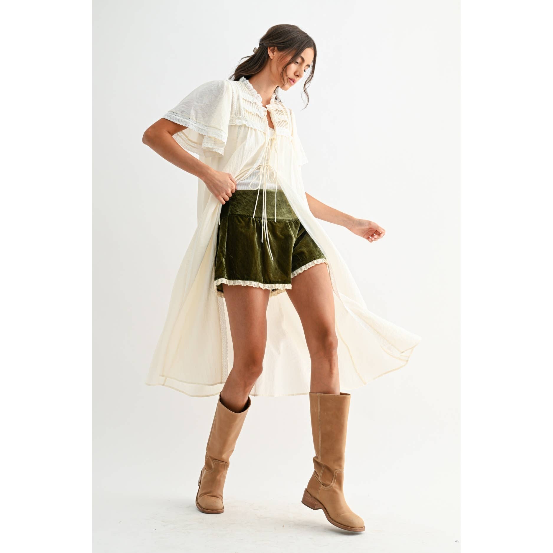 Olive Velvet High-Waist Lace Trim Shorts