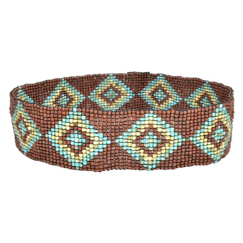 Beaded belt  stretch elastic Diamond pattern Brown Turquoise