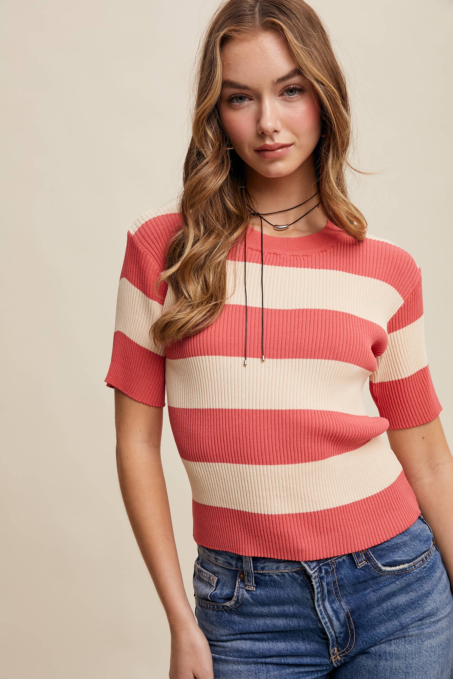 Striped Ribbed Light Weight Knit Sweater Top