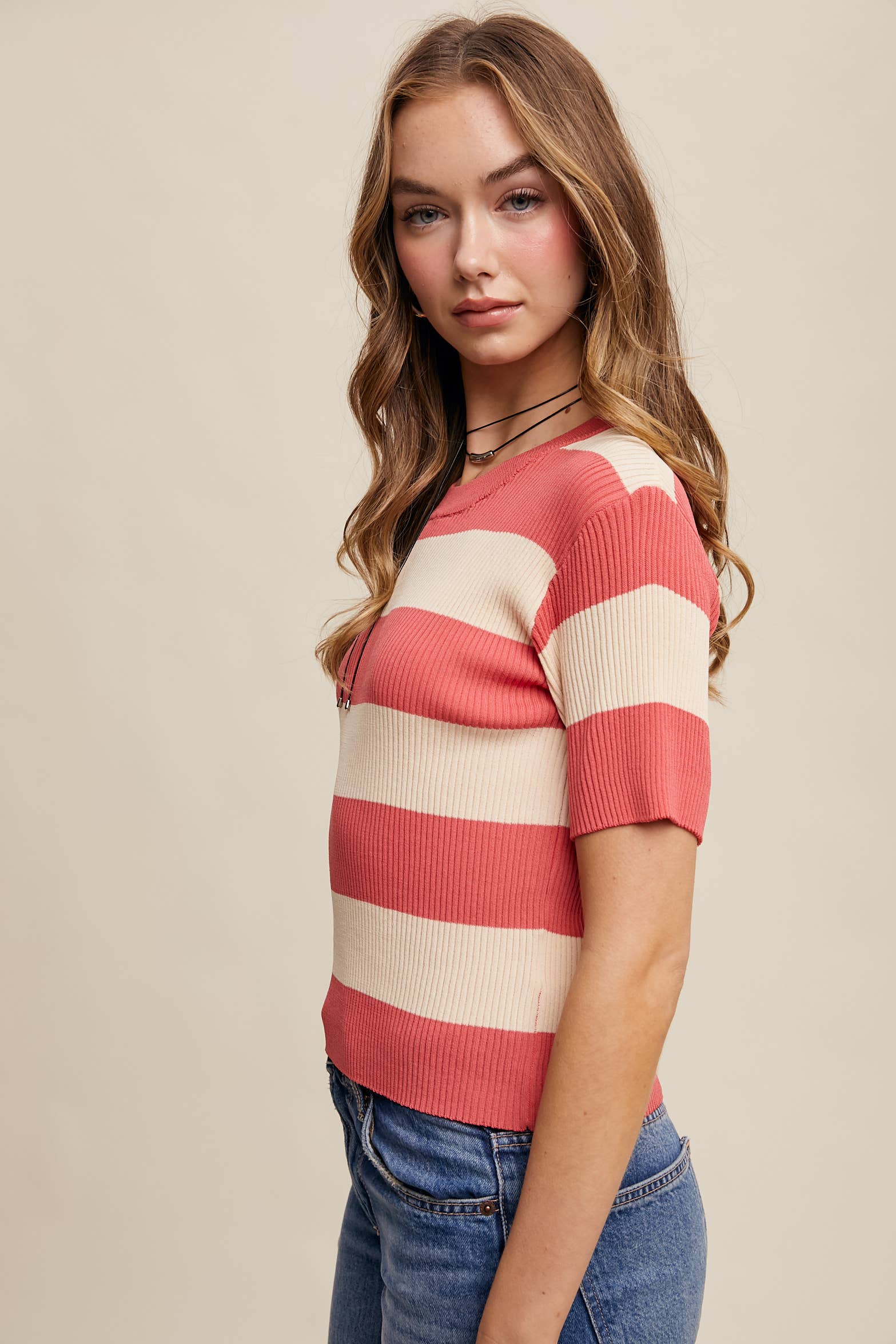Striped Ribbed Light Weight Knit Sweater Top