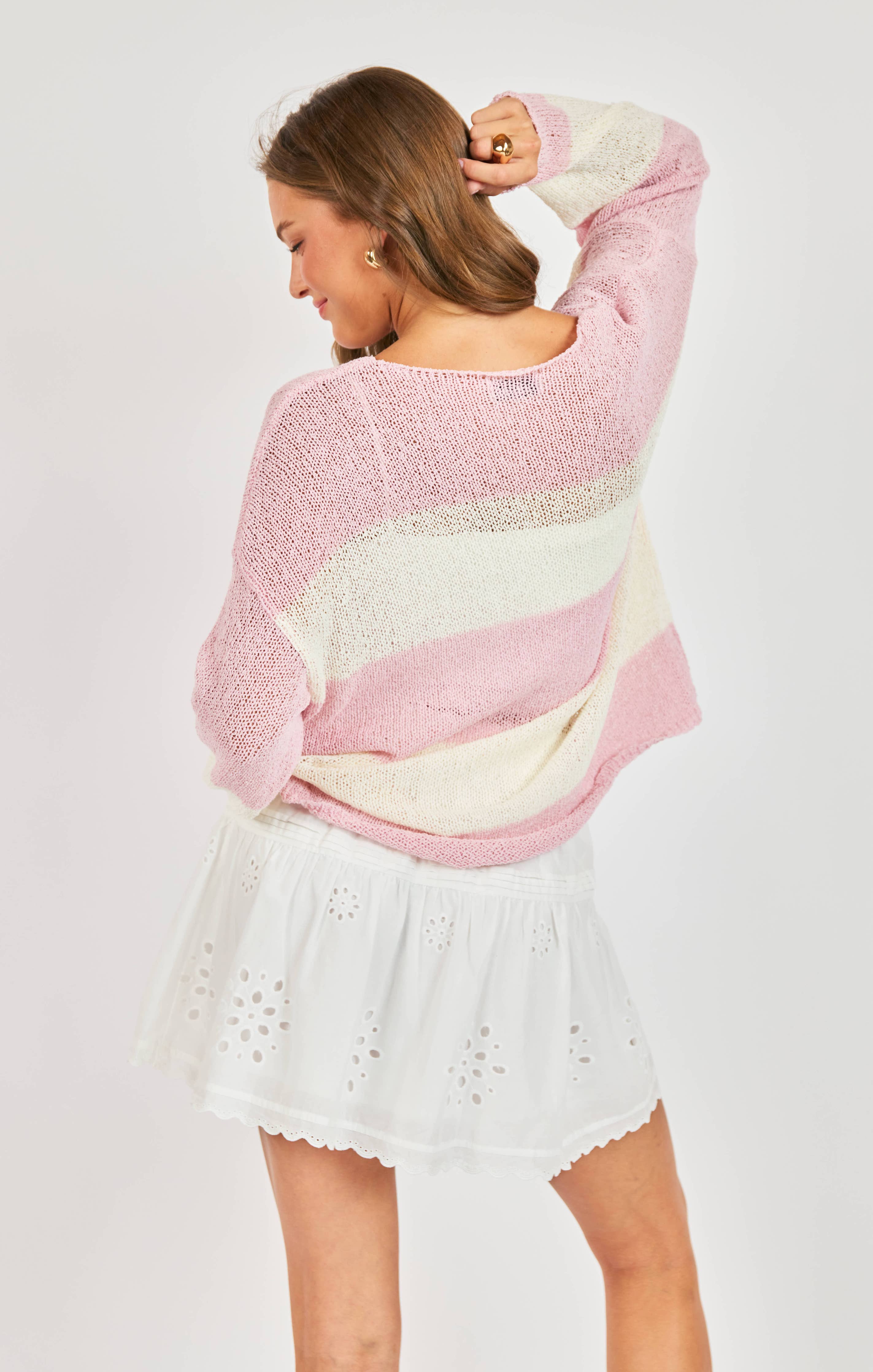 Helen Stripe Sweater:PINK IVORY