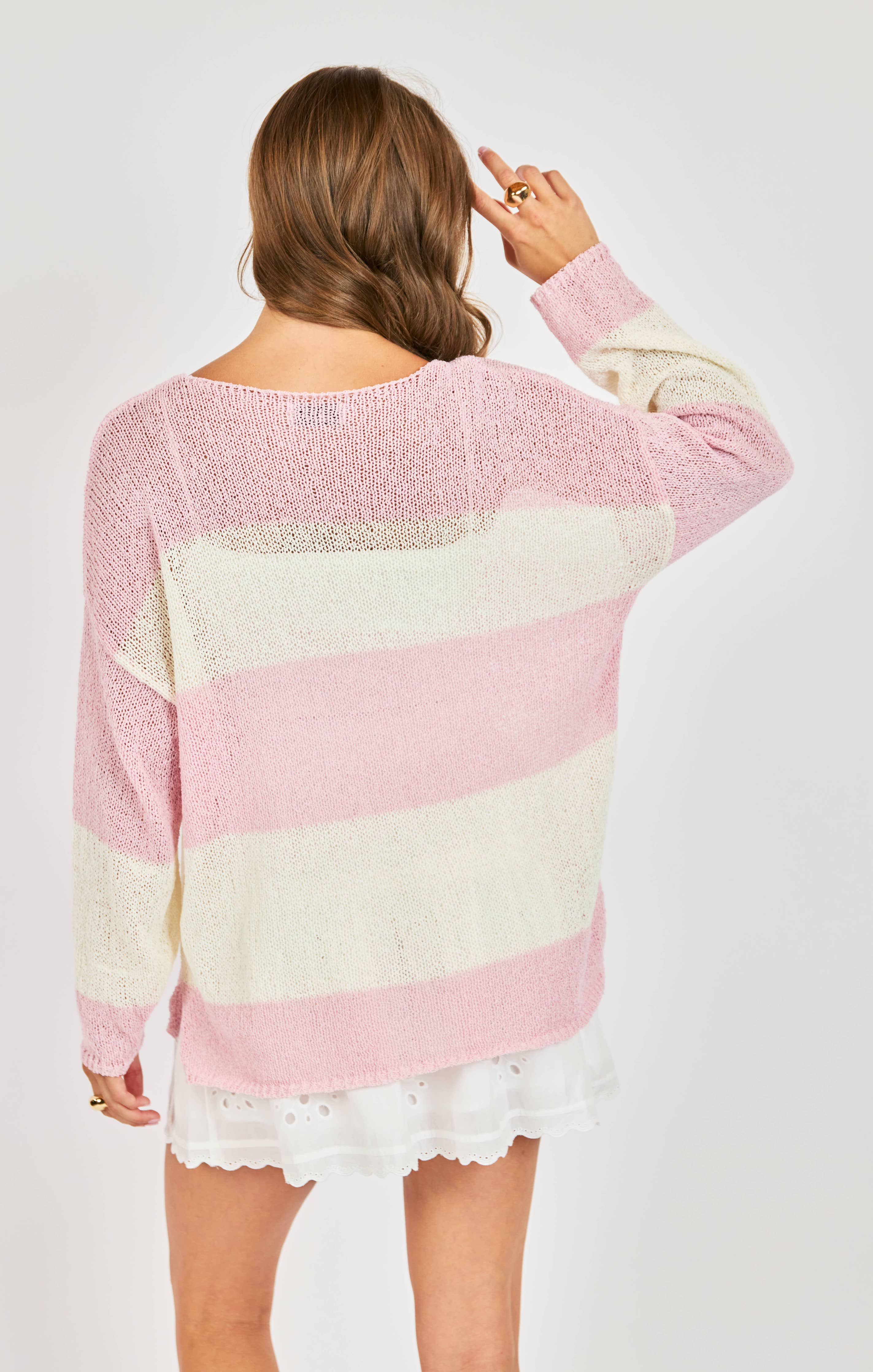 Helen Stripe Sweater:PINK IVORY