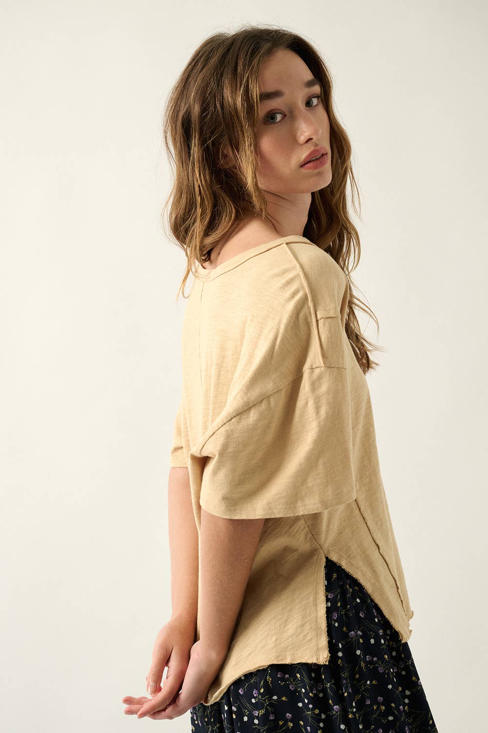 Easy Fit Mineral-Wash Exposed Seam Slub Knit Tee - Sand Brown
