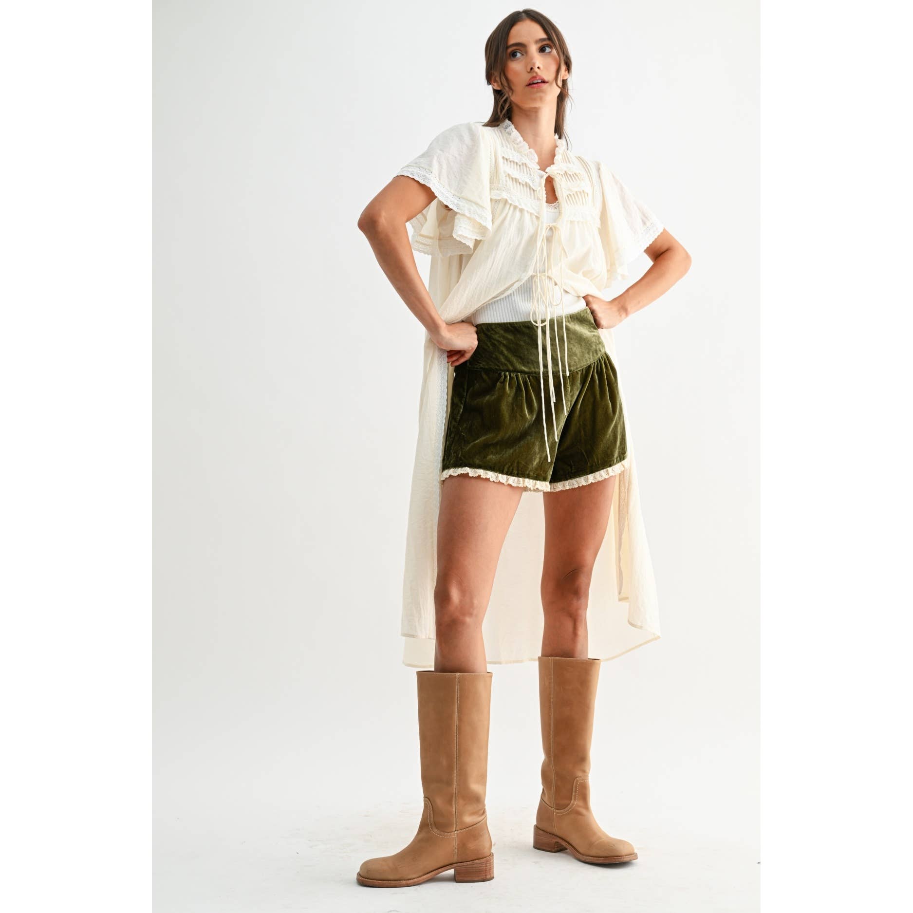 Olive Velvet High-Waist Lace Trim Shorts