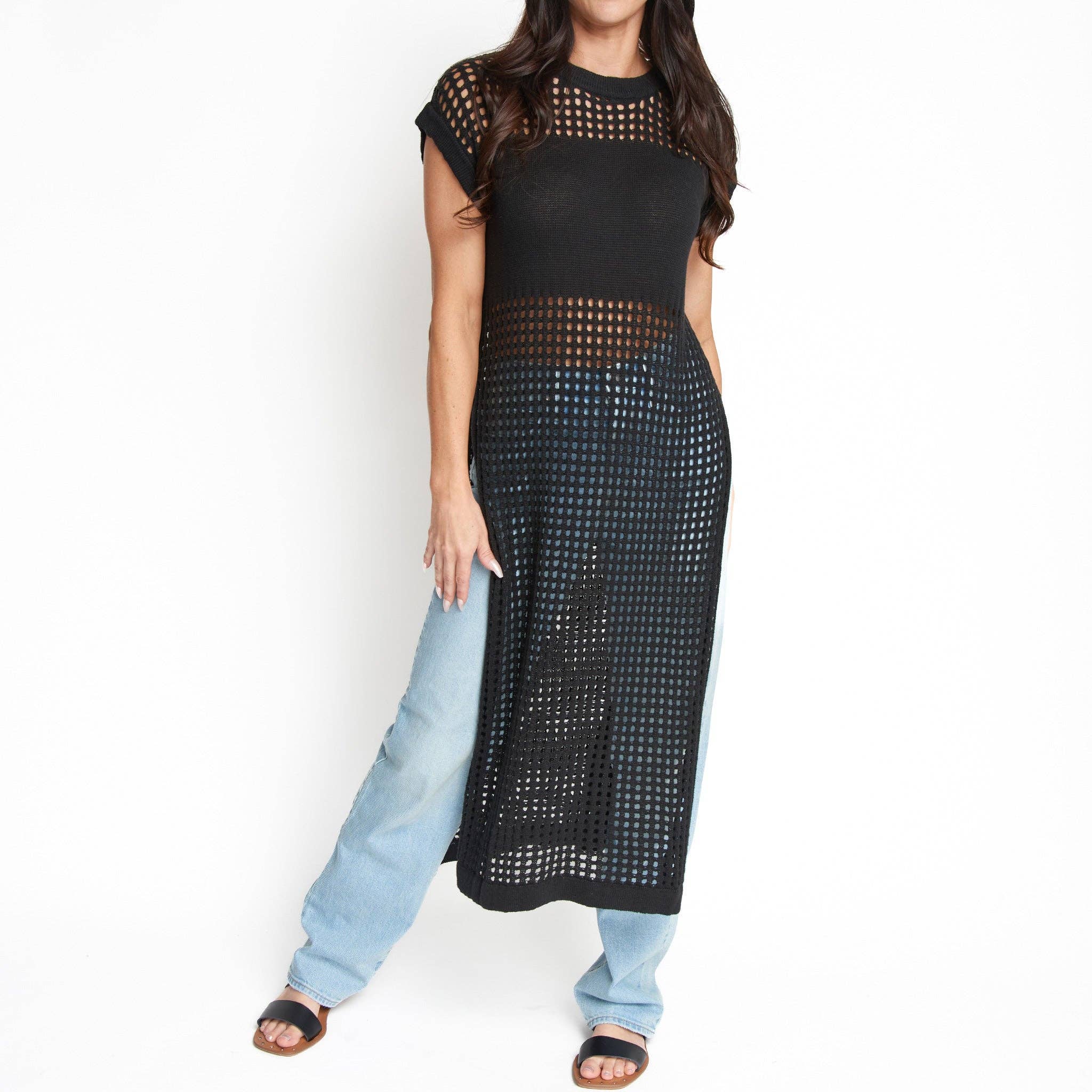 Azalea Sleeveless Longline Crochet Sweater - Jet