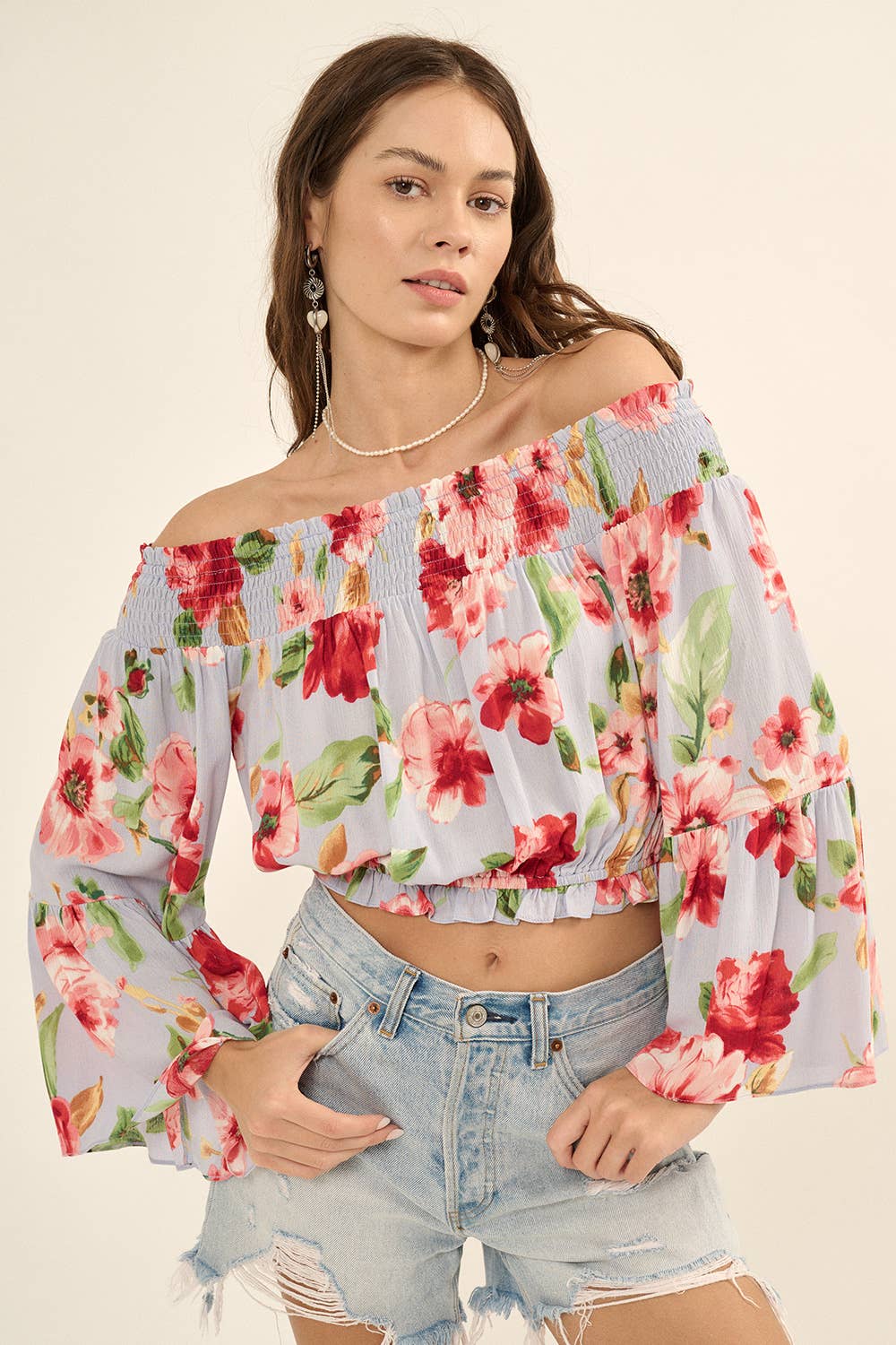 Floral Off-Shoulder Neck Long Sleeve Blouse