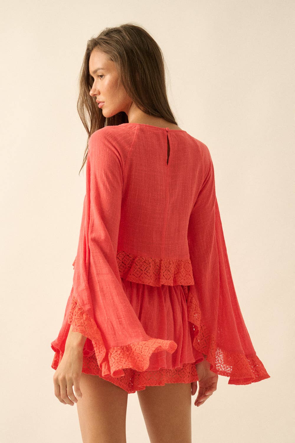 Cotton Gauze and Crochet Lace Ruffle Bell-Sleeve Cropped Set