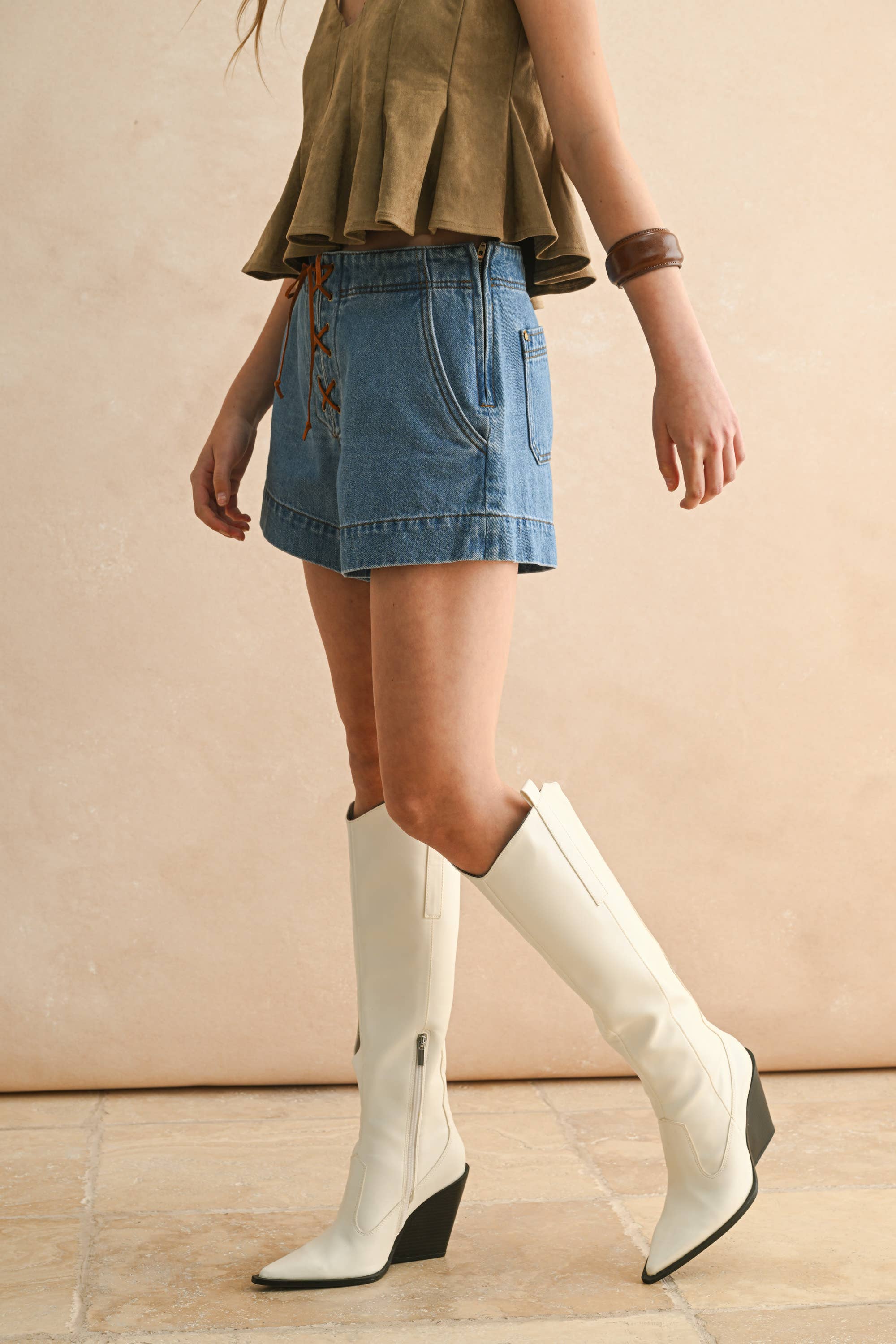 P5889   SUEDE LACE UP FRONT DENIM SHORTS