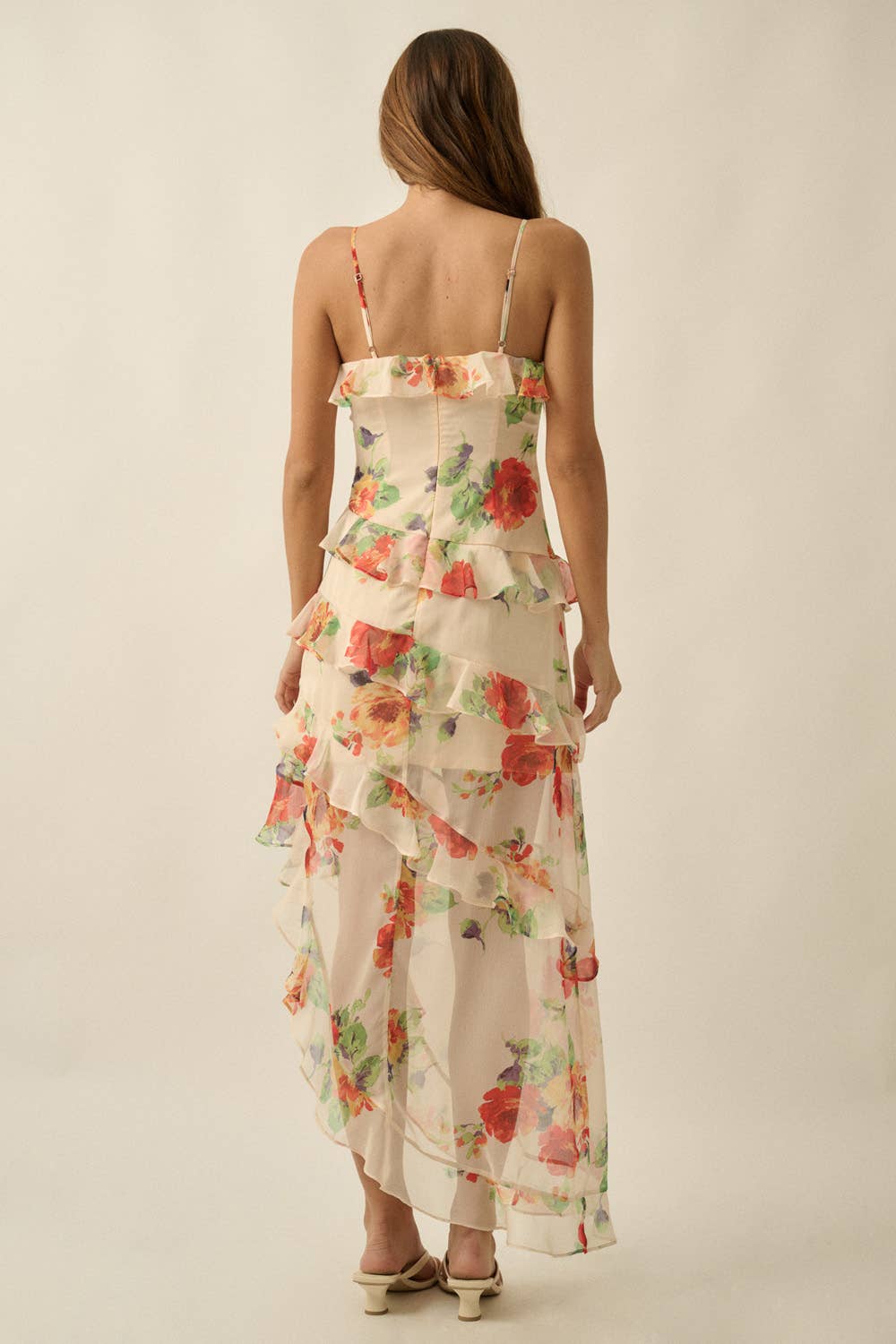 Floral-Print Chiffon Asymmetrical Ruffle Maxi Dress