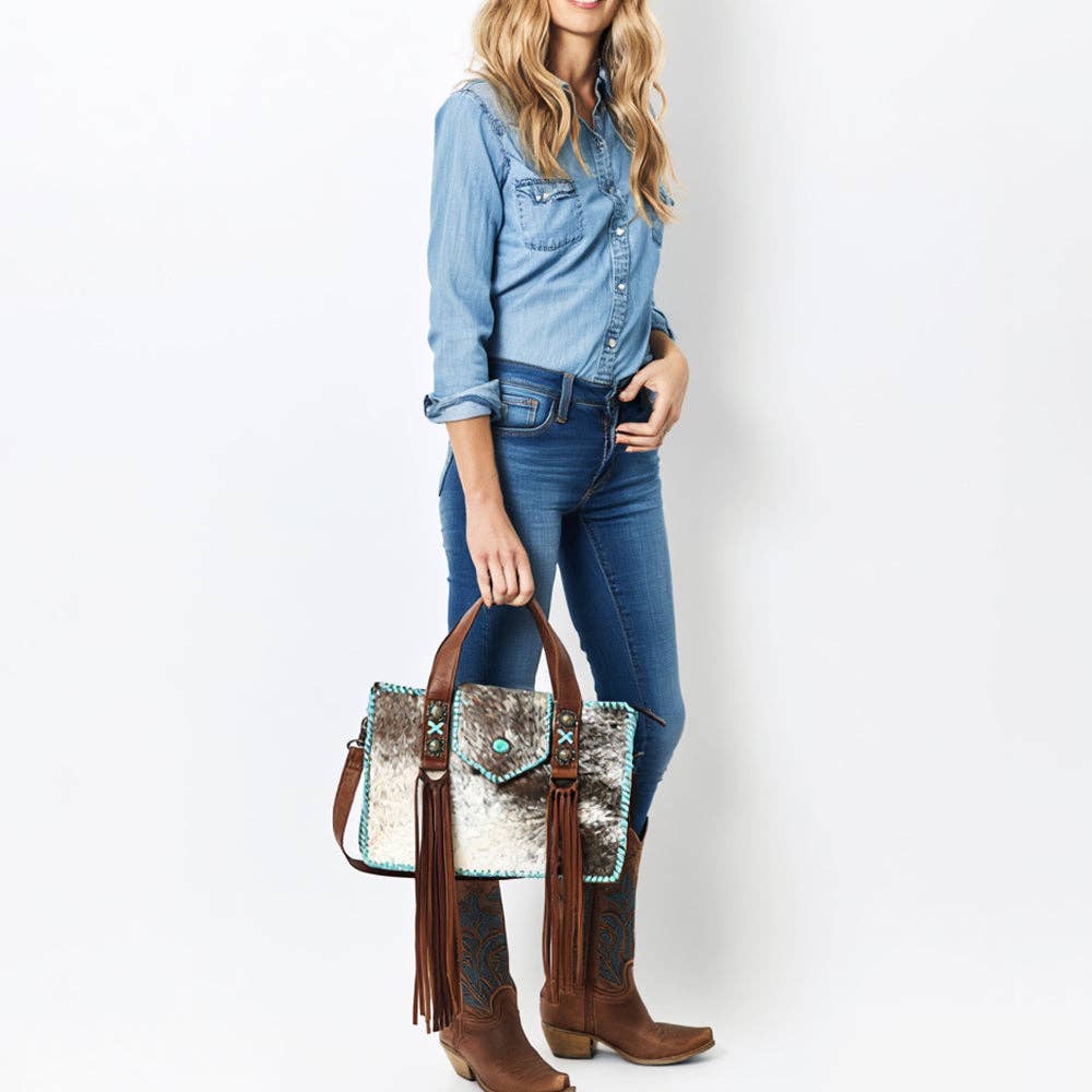 ADBG1166 American Darling Hair-On Cowhide Fringe Tote -Western Handbag