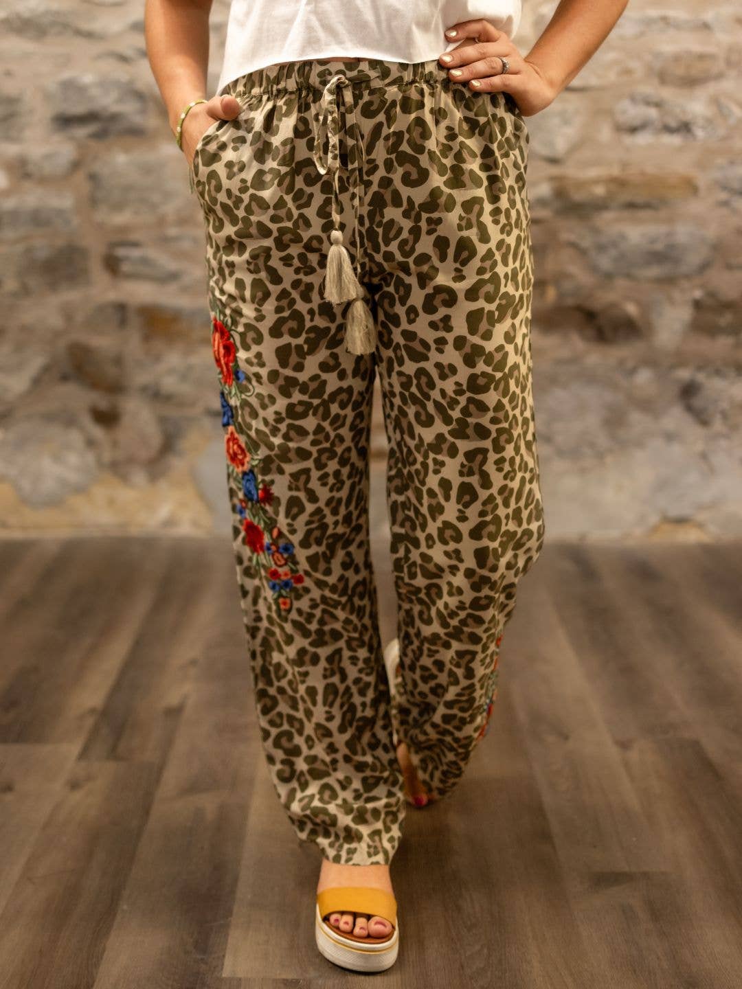 Animal Print Embroidered Lounge Pants: Leopard