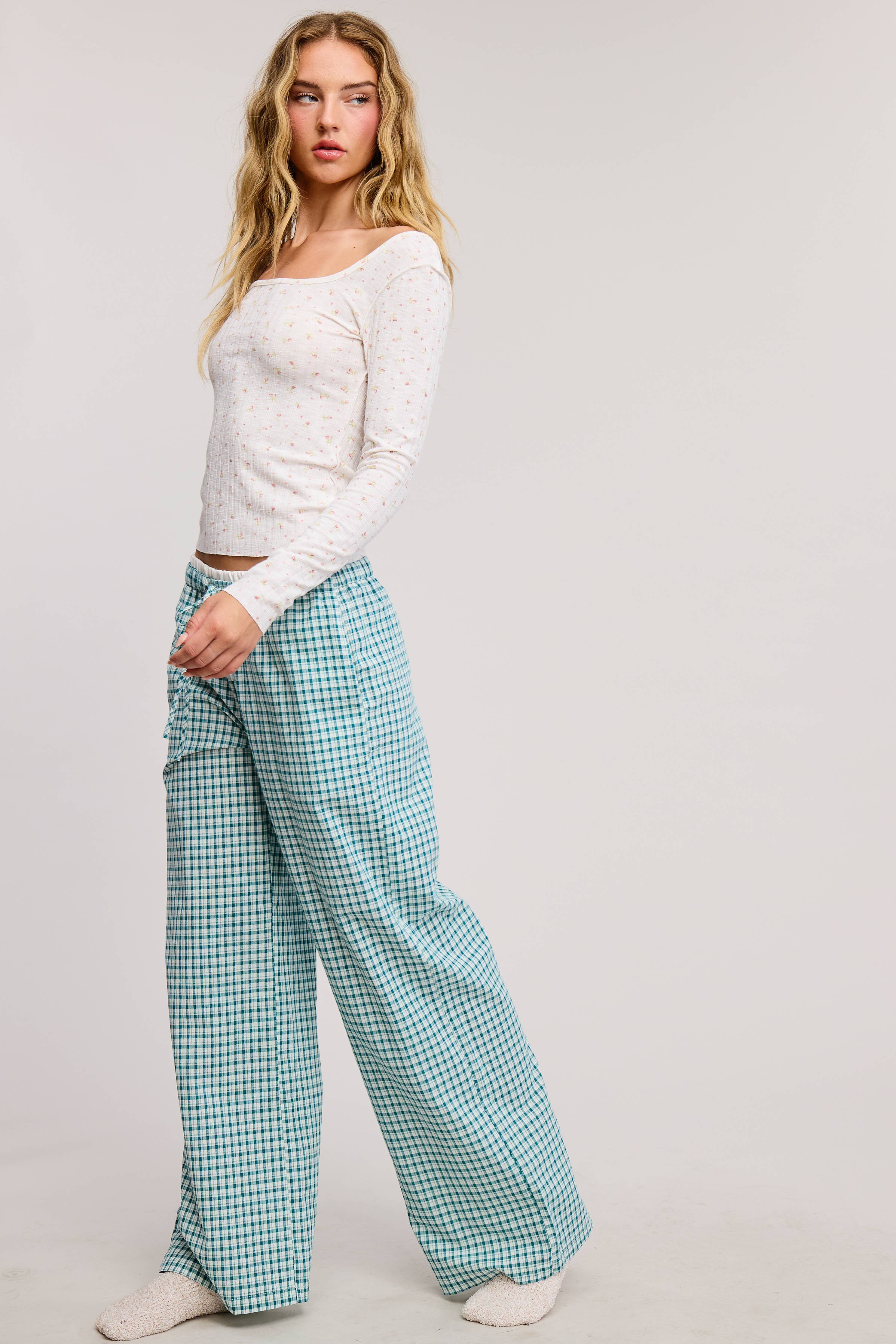 Gingham Boxer Lounge Pants with Contrast Waistband