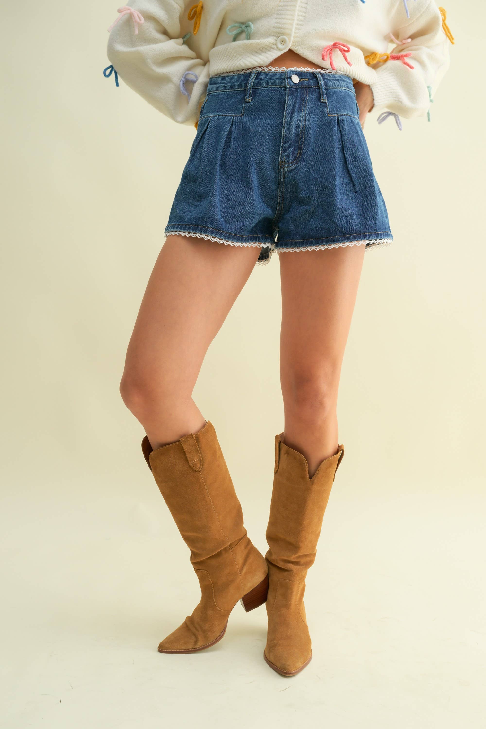 CP13470A - LACE TRIM PLEATED DENIM SHORTS