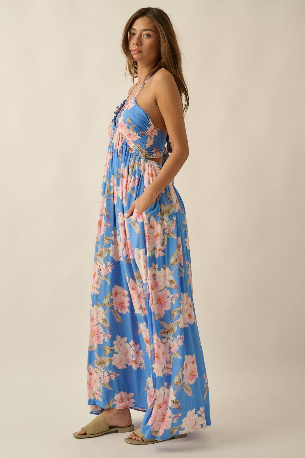 Floral-Print Crepe Halter Tie-Back High-Waist Maxi Dress