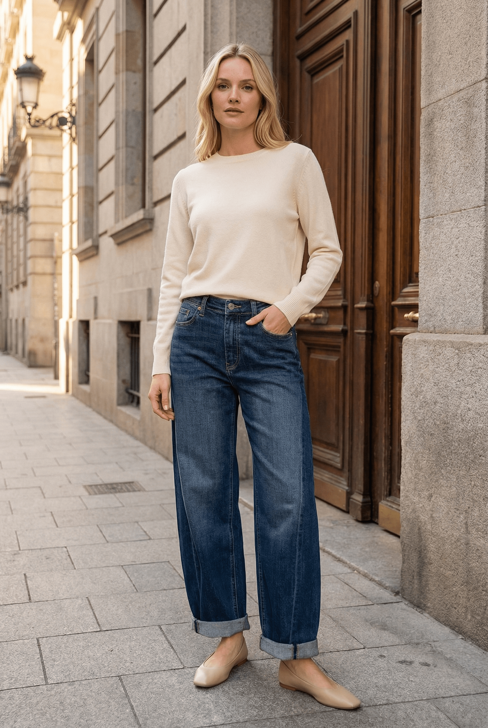 HIGH RISE RELAXED TAPERED DARK WASH BARREL JEANS