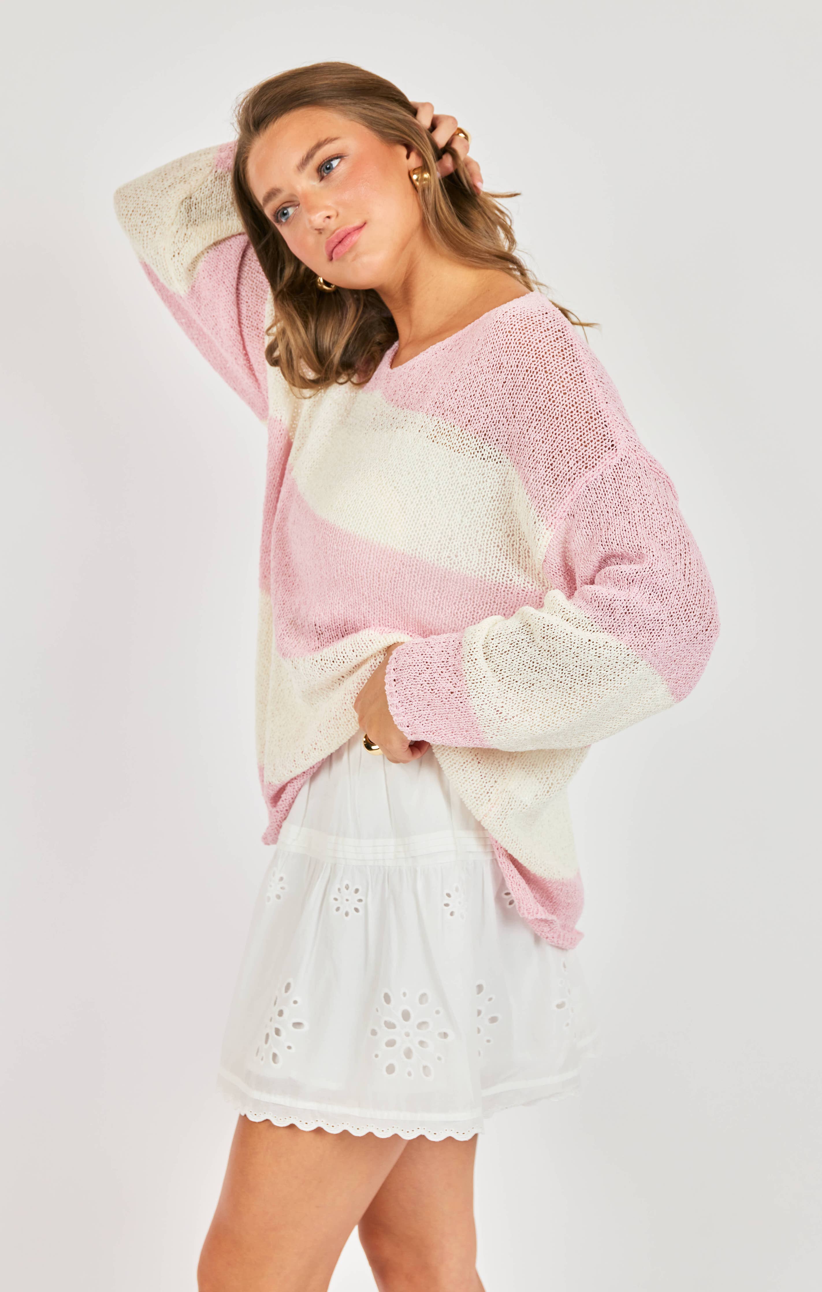 Helen Stripe Sweater:PINK IVORY