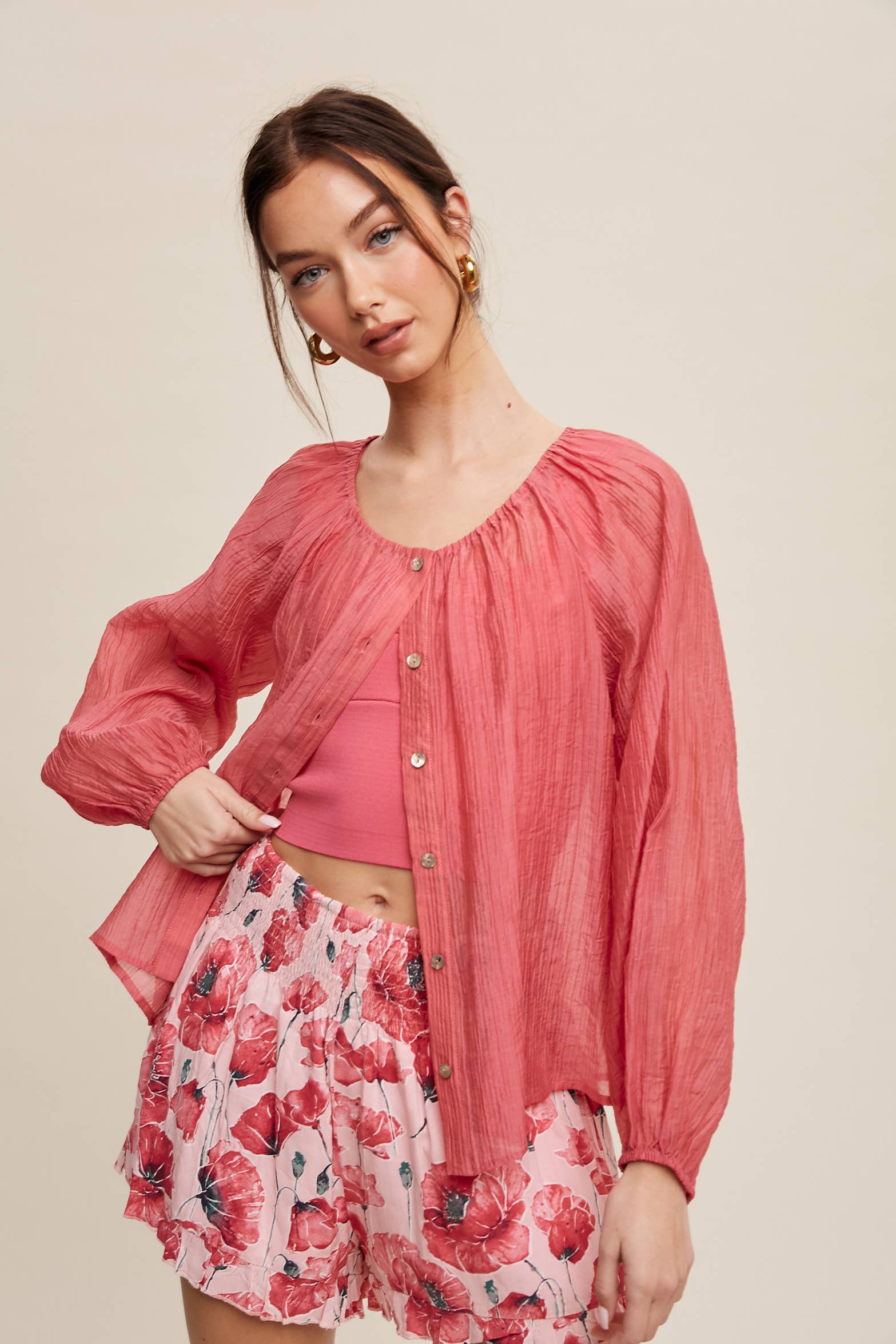Lightweight Sheer Button-Down Blouse