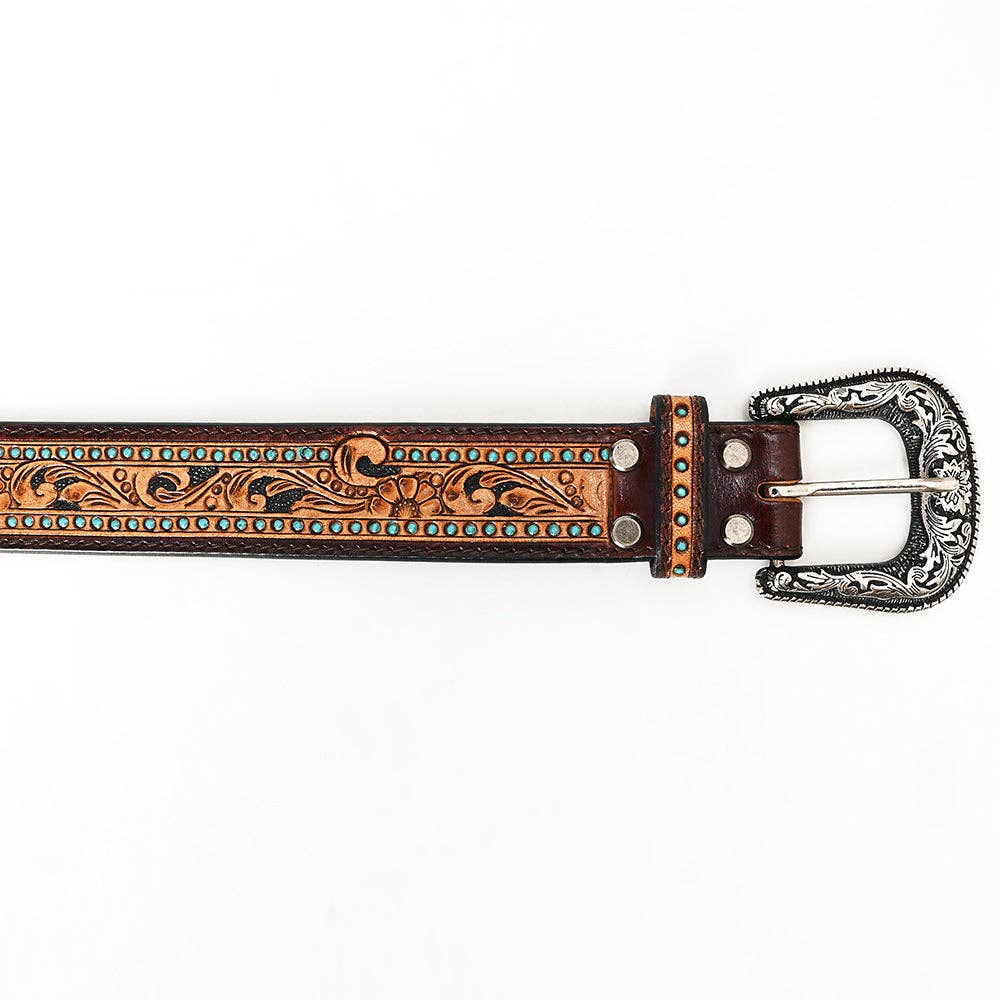 ADBLF110 Tooled Leather Western Belt - Floral Scroll with Turquoise Stud Accents