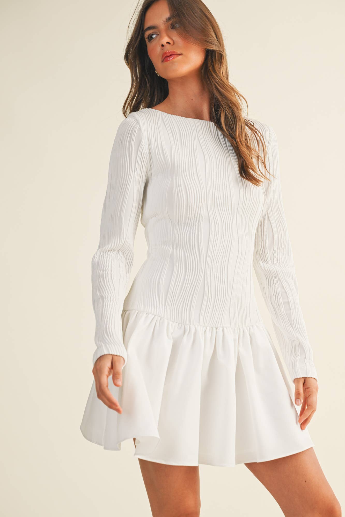 BOAT NECK LONG SLEEVE FLARE DRESS