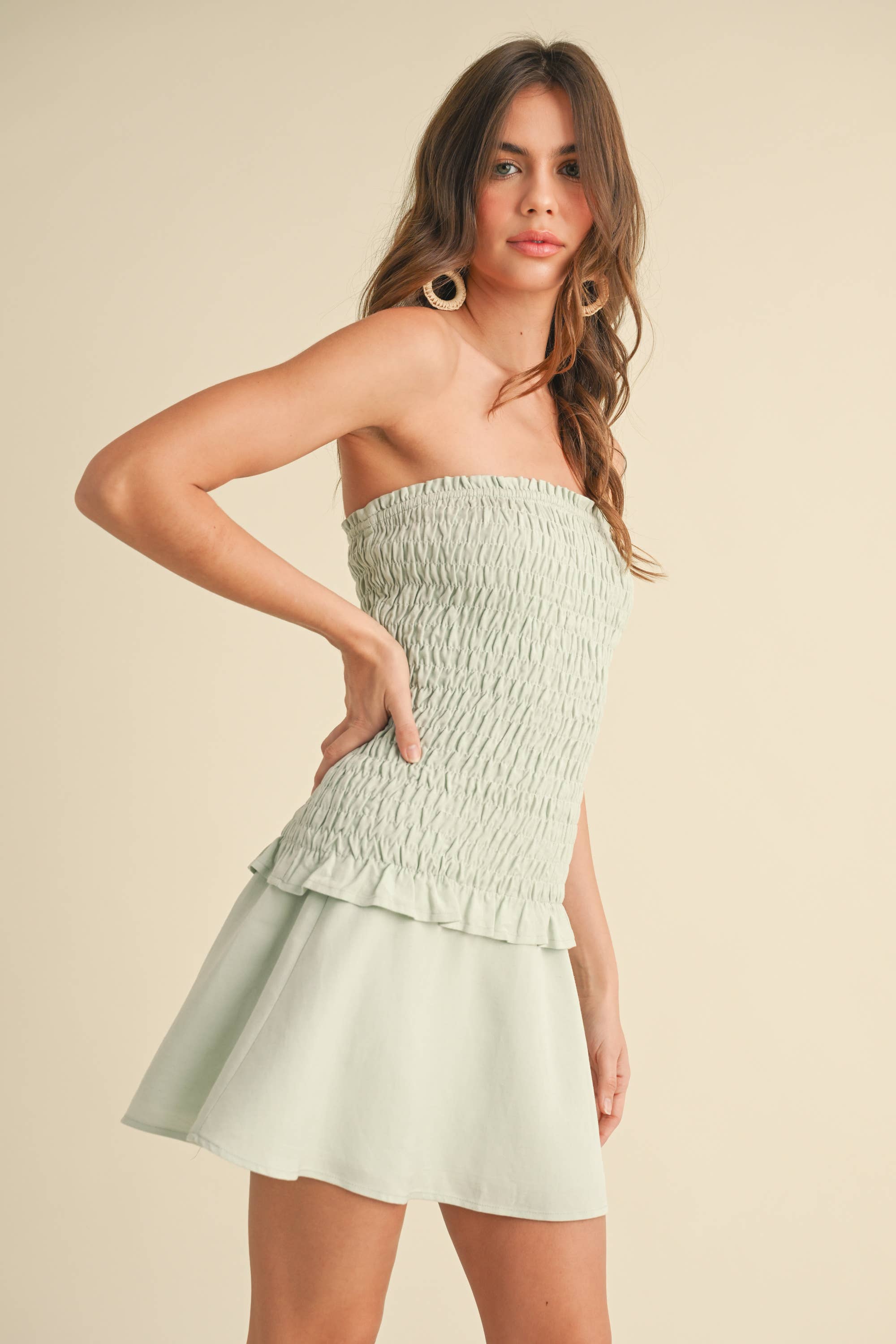 IST5799  LINEN SMOCKED STRPLESS RUFFLED TOP AND SKIRT SET