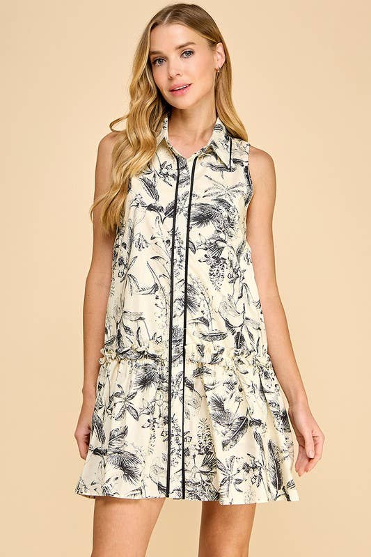 CD04712-Leaf Print Piping Detail Sleeveless Shirt Dress