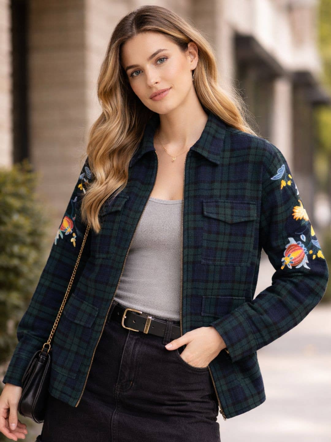 Navy Plaid Front Zip Plaid Utility Jacket: Navy Plaid