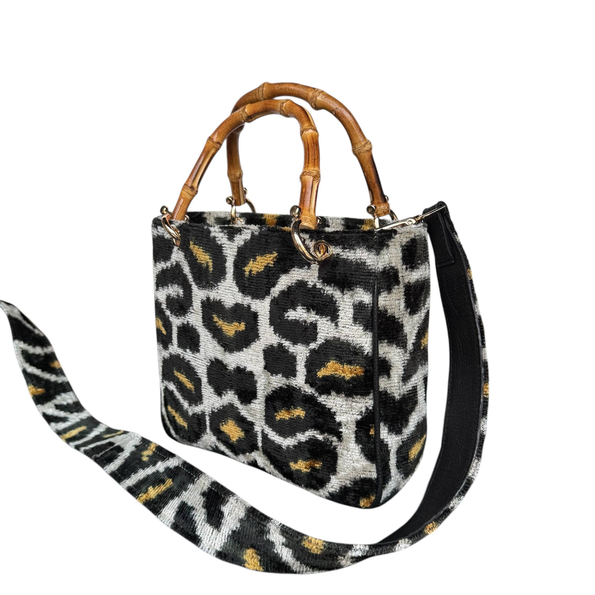 Silk Velvet Ikat Small Kuti Bag with Bamboo Handle