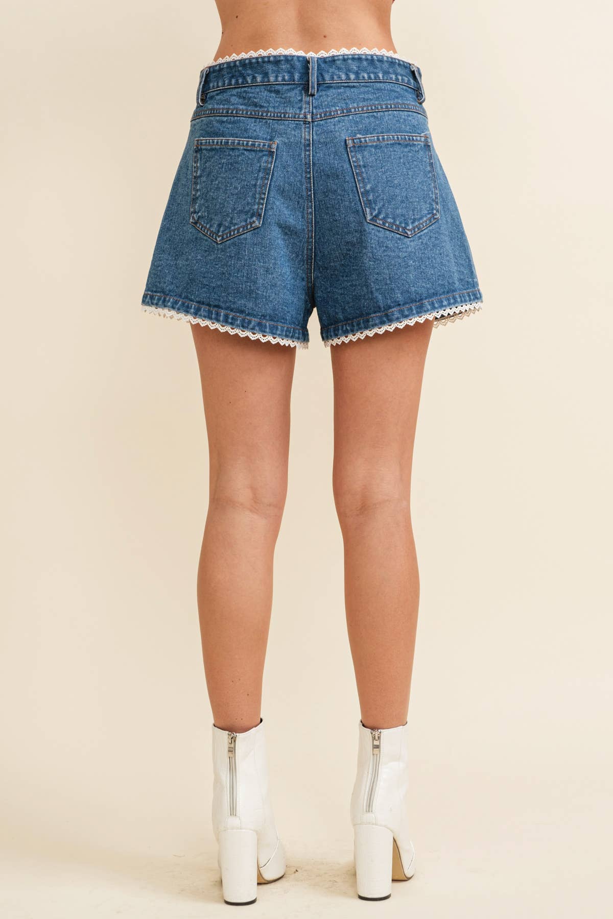 CP13470A - LACE TRIM PLEATED DENIM SHORTS