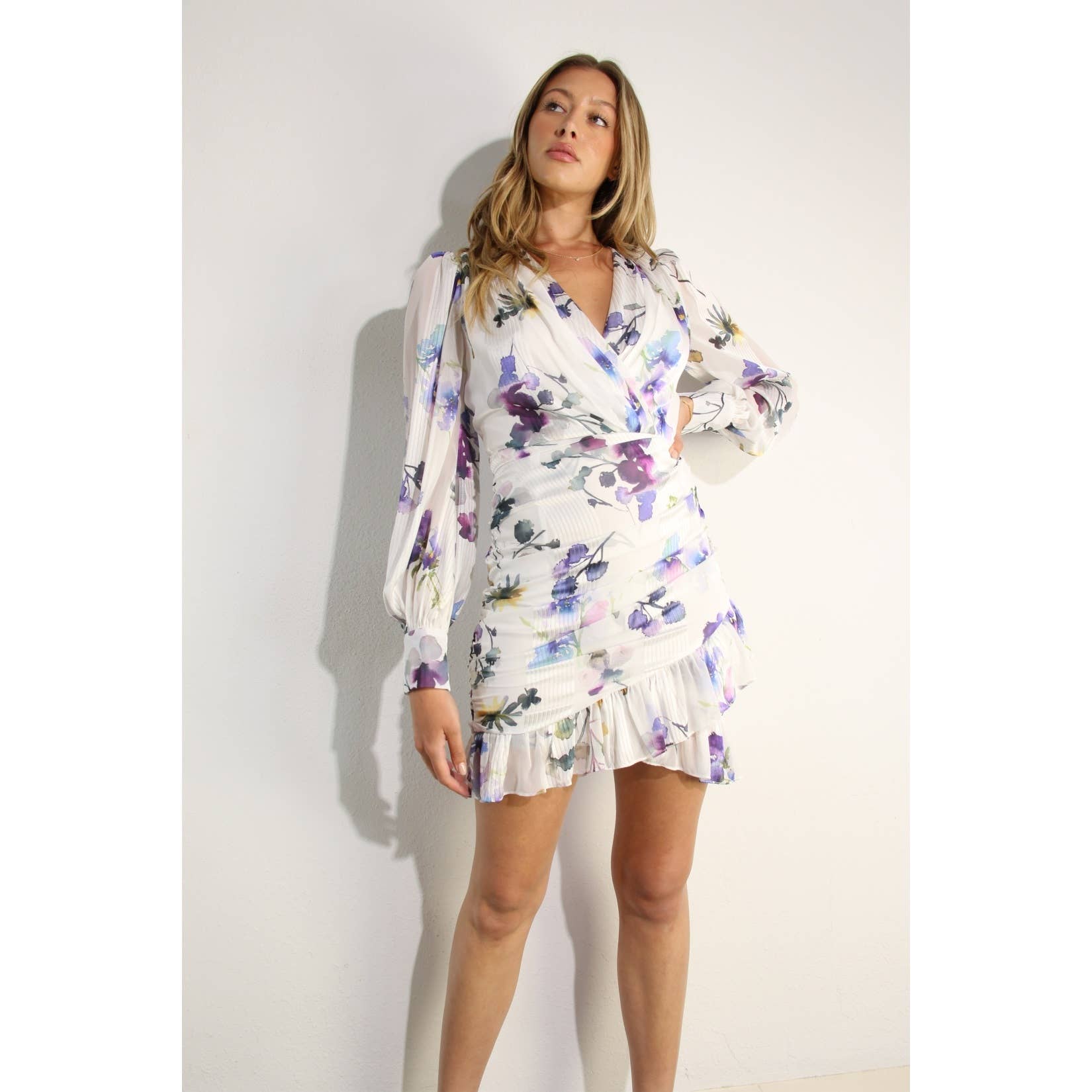 FLORAL RUCHED MINI DRESS