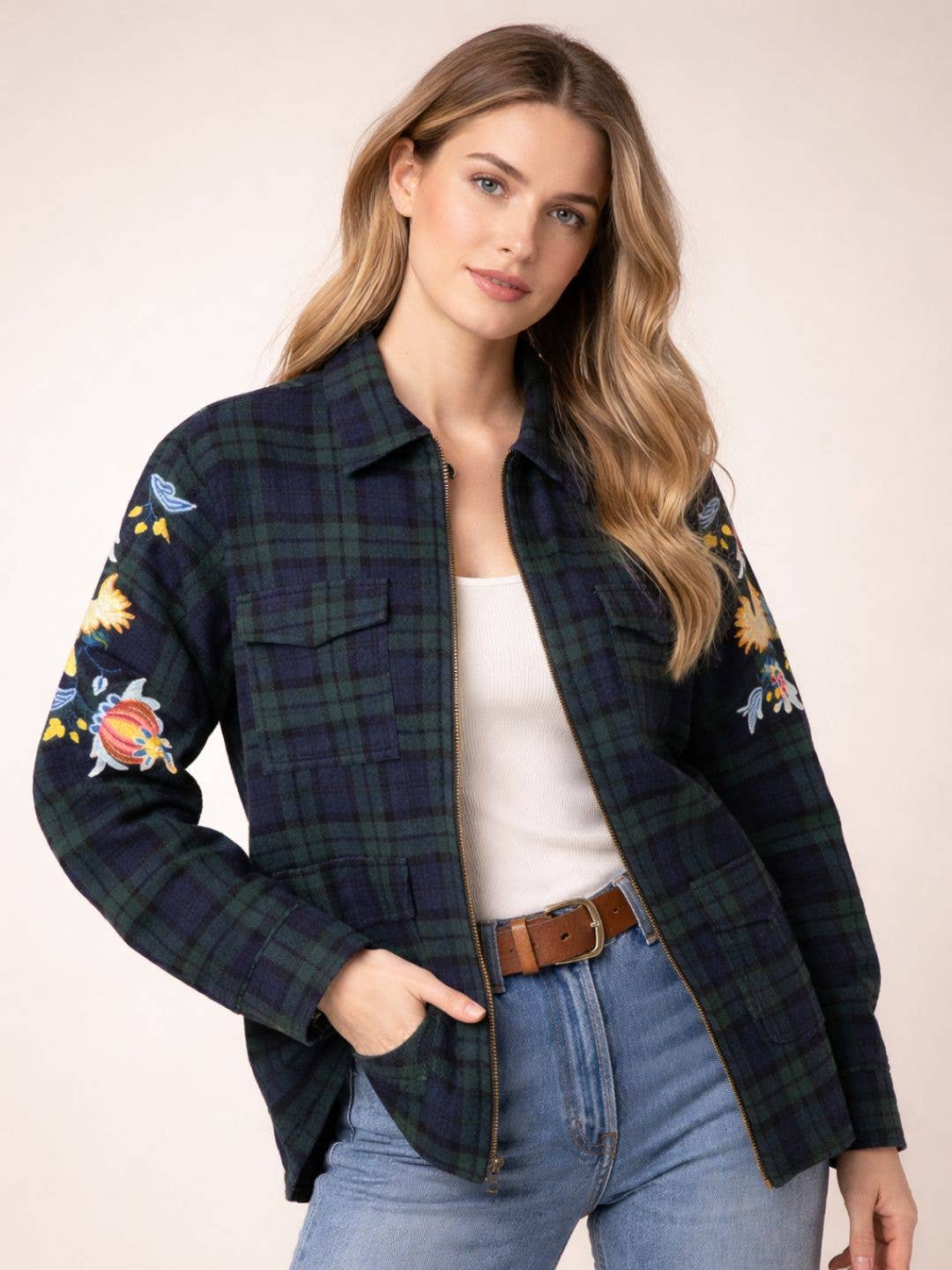 Navy Plaid Front Zip Plaid Utility Jacket: Navy Plaid