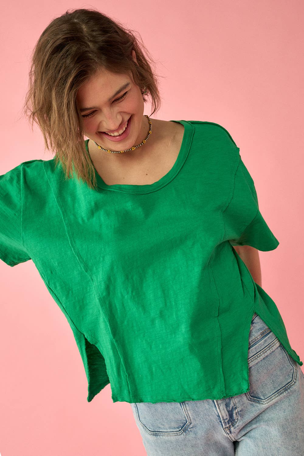 Easy Fit Mineral-Wash Exposed Seam Slub Knit Tee - Kelly Green