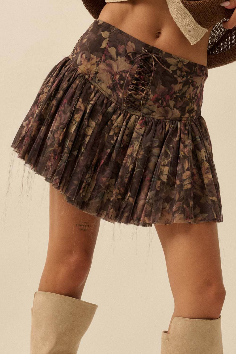 Floral-Print Drop-Waist Lace-Up Pleated Mini Skort