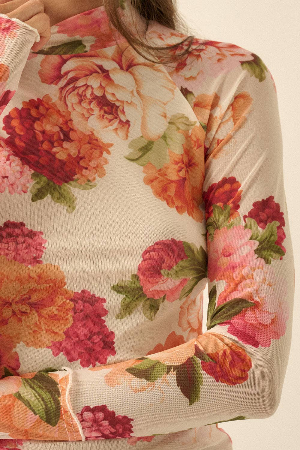 Floral-Print Mesh Mock-Neck Raglan-Sleeve Thumbhole Top