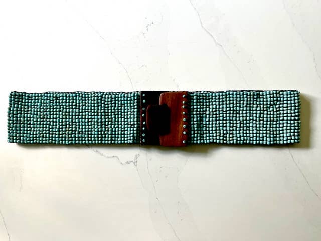 Glass beaded belt wood buckle antique Turquoise hand loomed