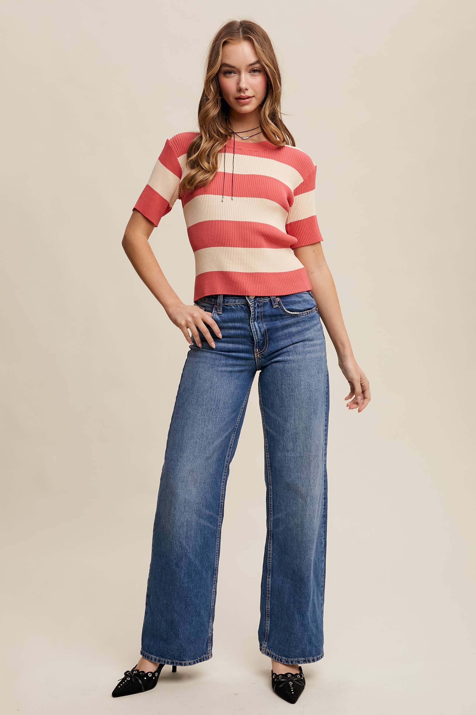 Striped Ribbed Light Weight Knit Sweater Top