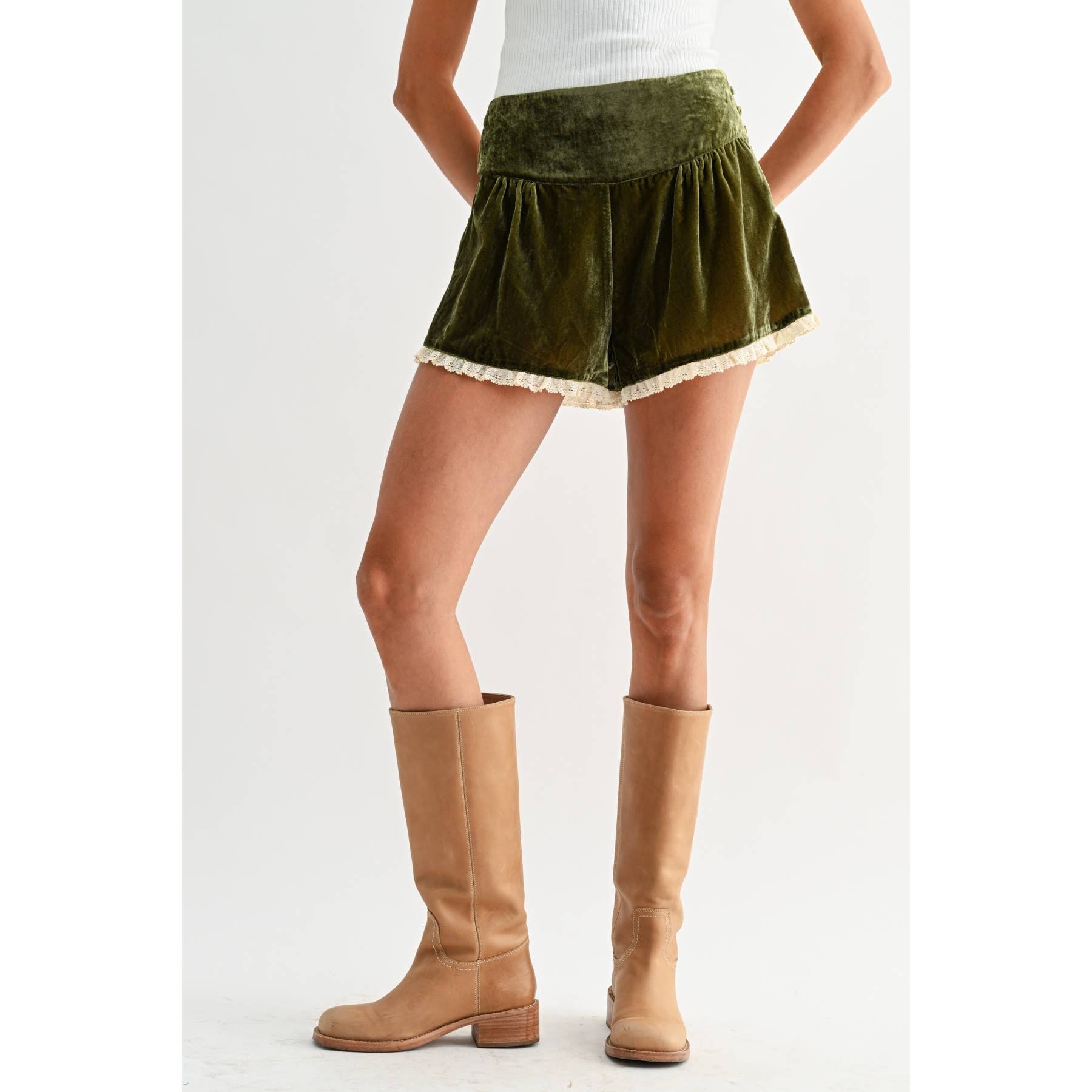 Olive Velvet High-Waist Lace Trim Shorts