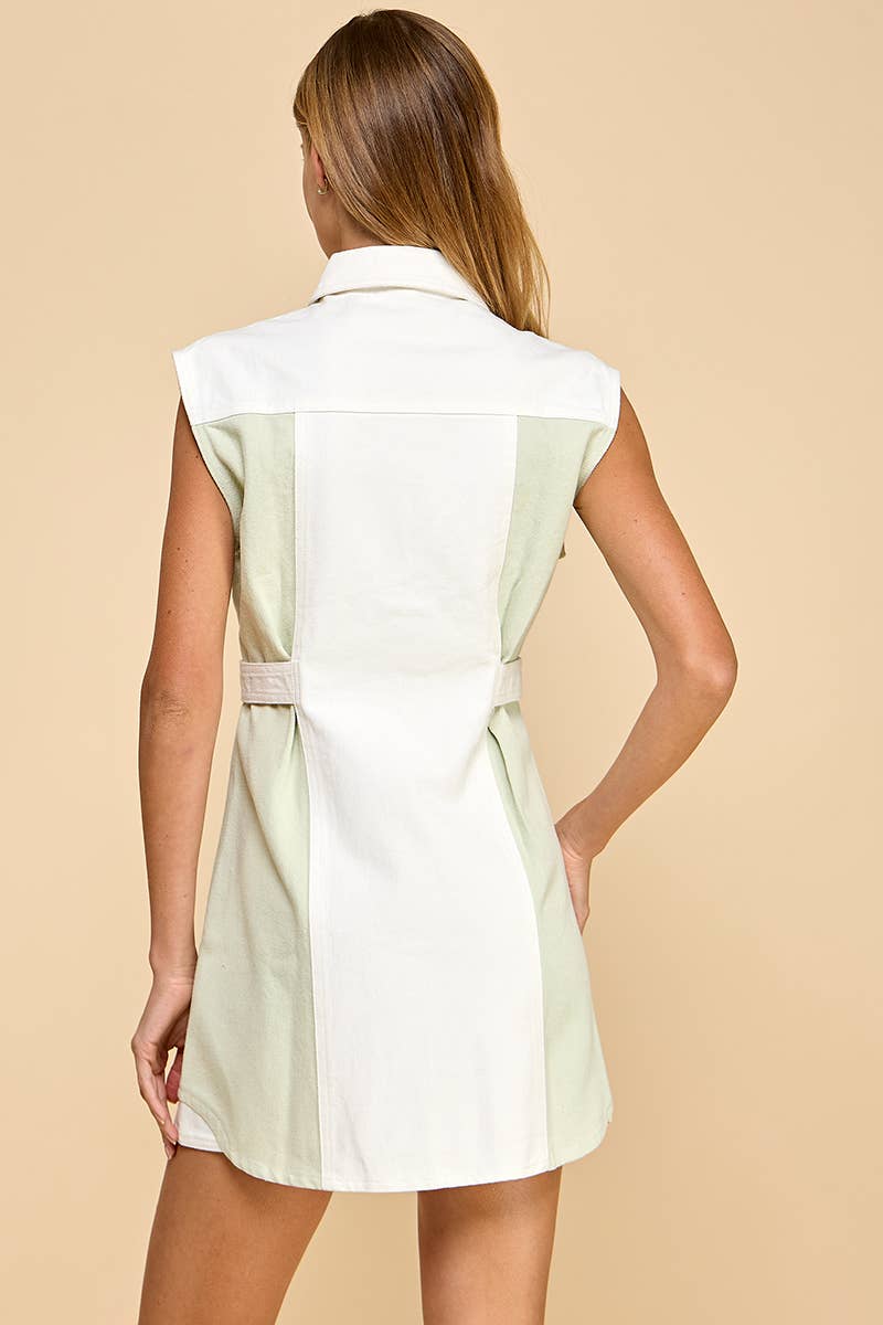 CD05102-Two Toned Denim Sleeveless Button Up Dress