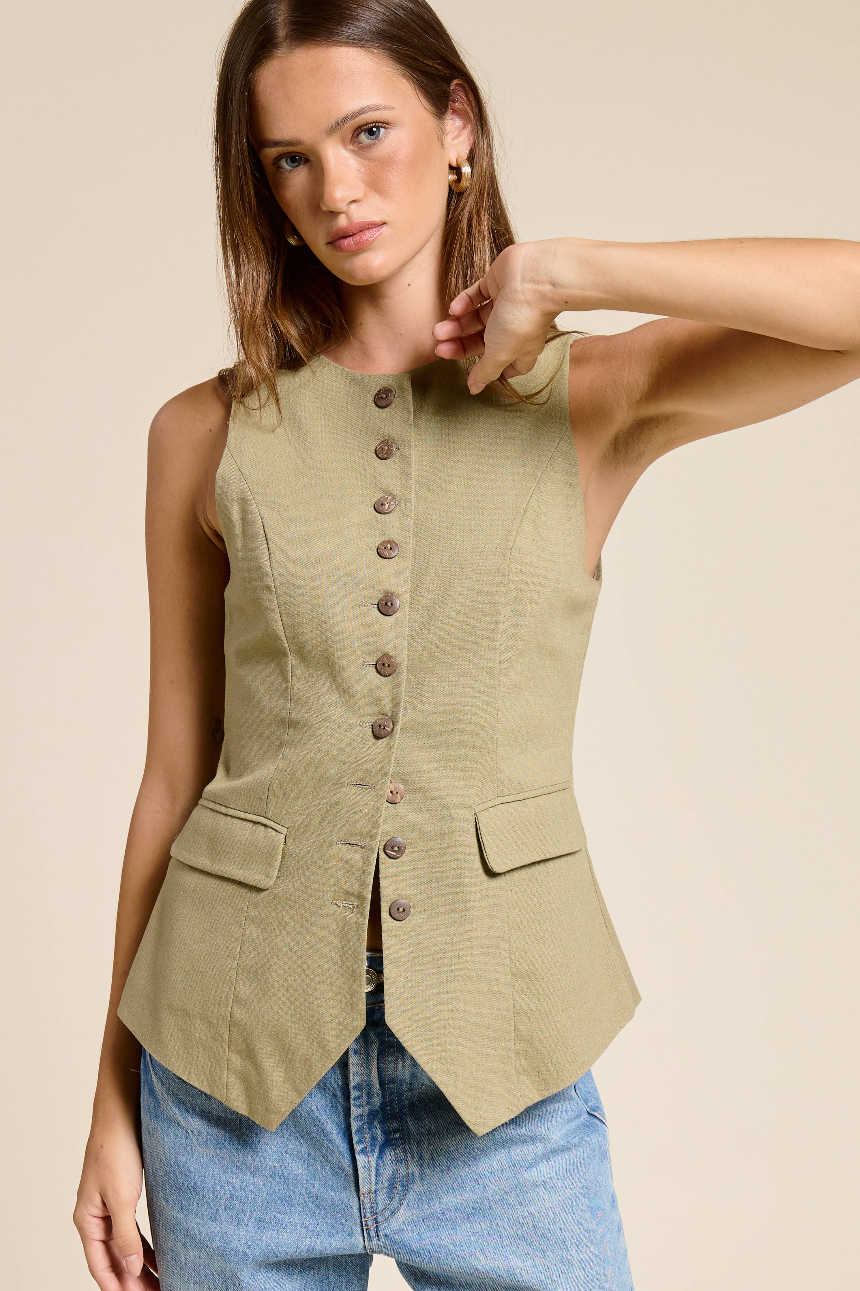 Linen Long-Line Buttoned Vest - Khakii