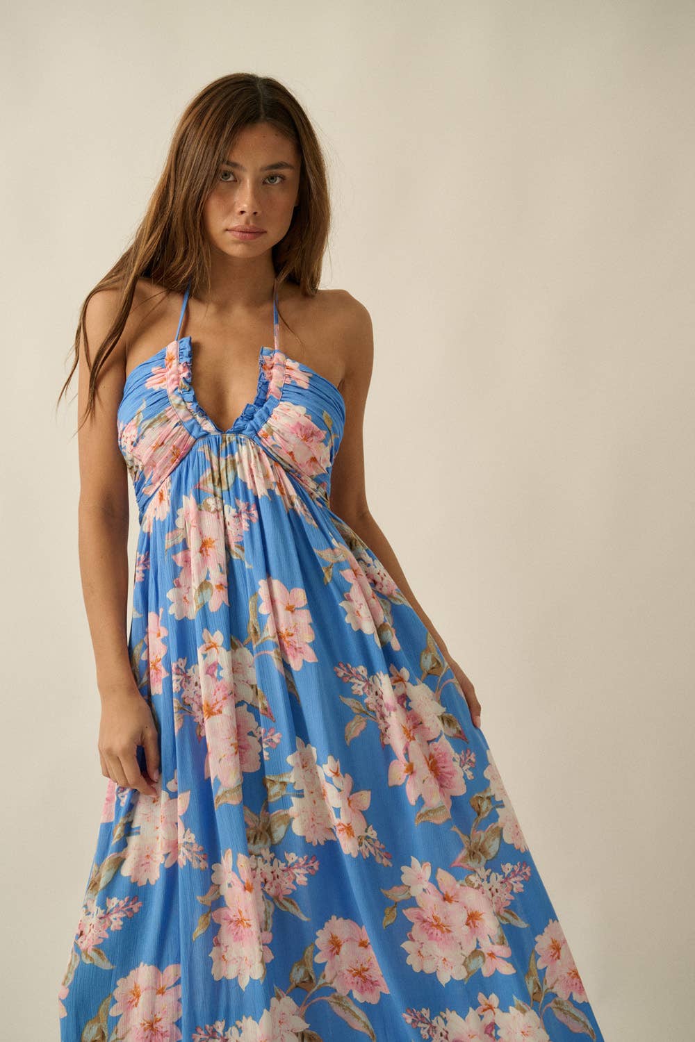 Floral-Print Crepe Halter Tie-Back High-Waist Maxi Dress
