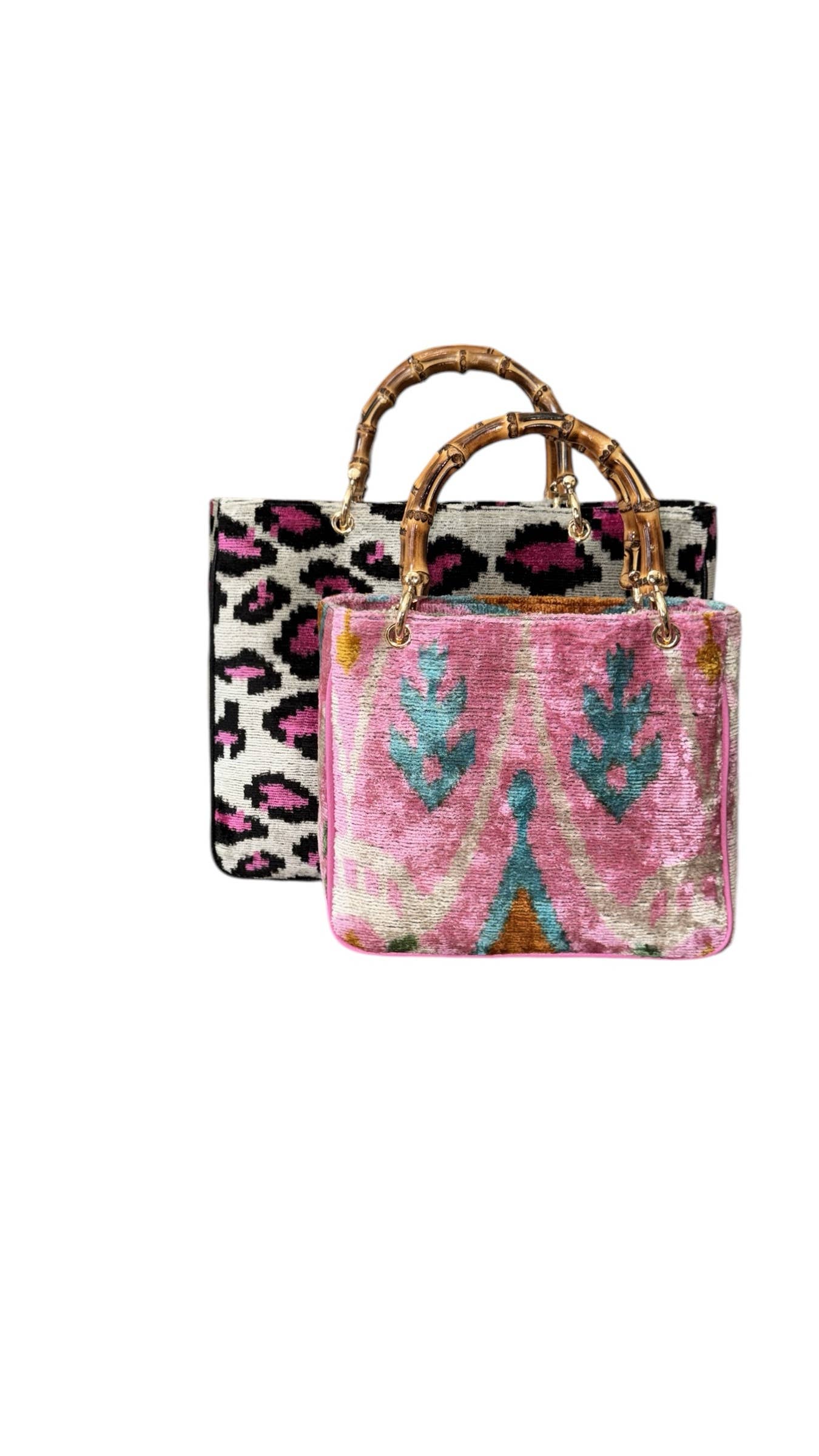Silk Velvet Ikat Large Kuti Bag with Bamboo Handle