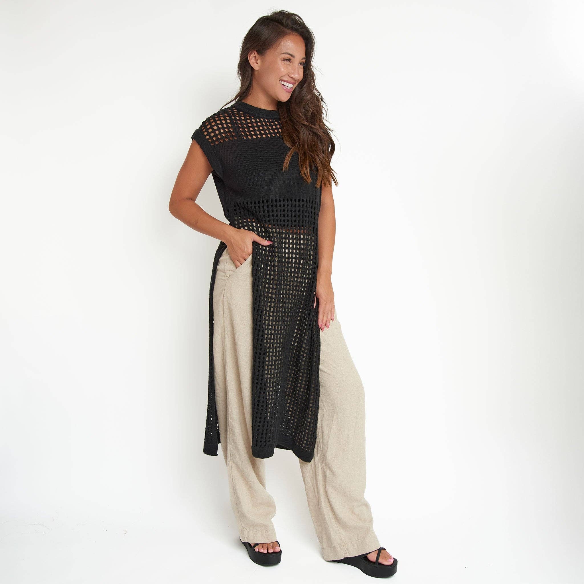 Azalea Sleeveless Longline Crochet Sweater - Jet